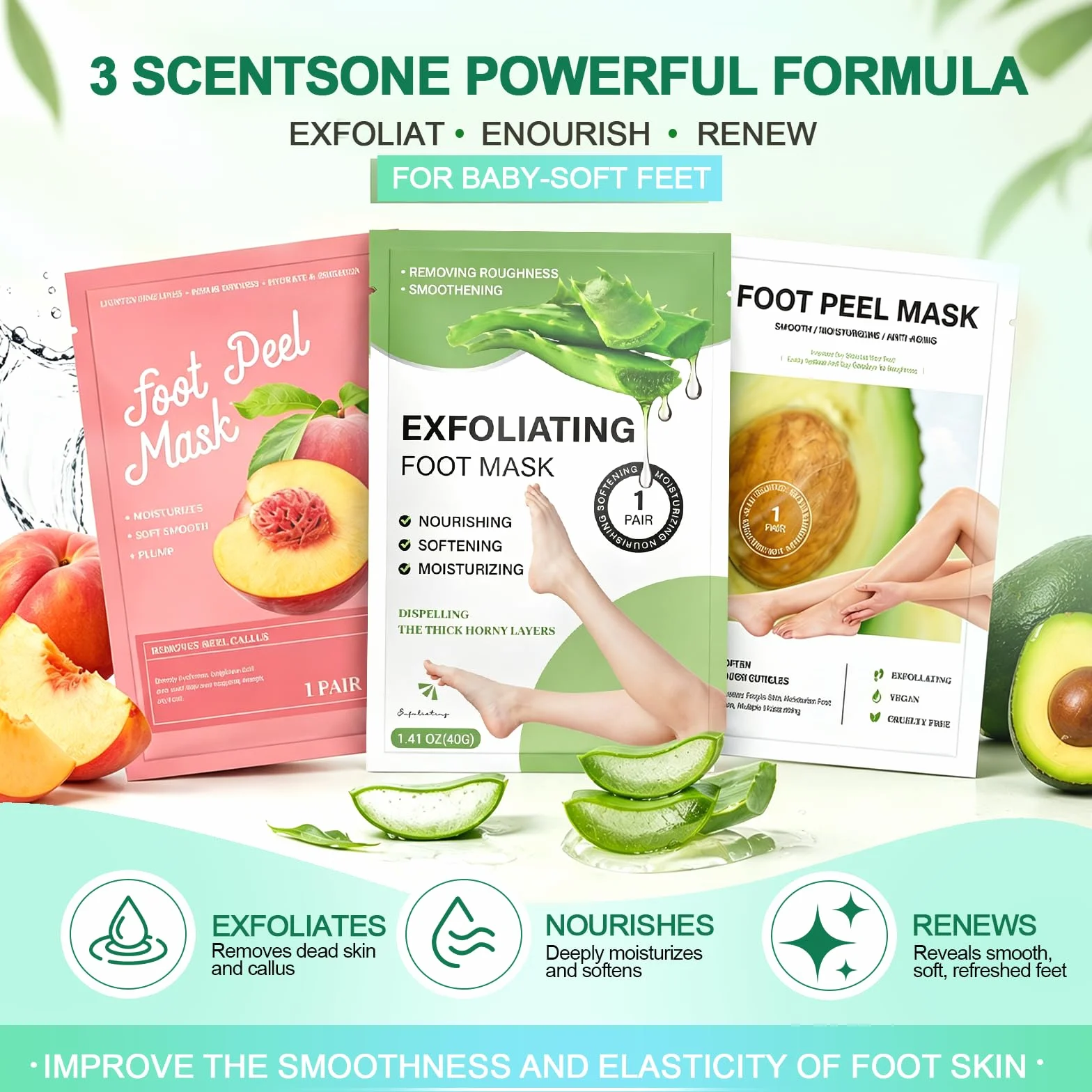 Masque Pied Exfoliant Anti Callosités, Peeling Pieds Nourrissant Hydratant, Aloe Vera & Avocat & Pêche