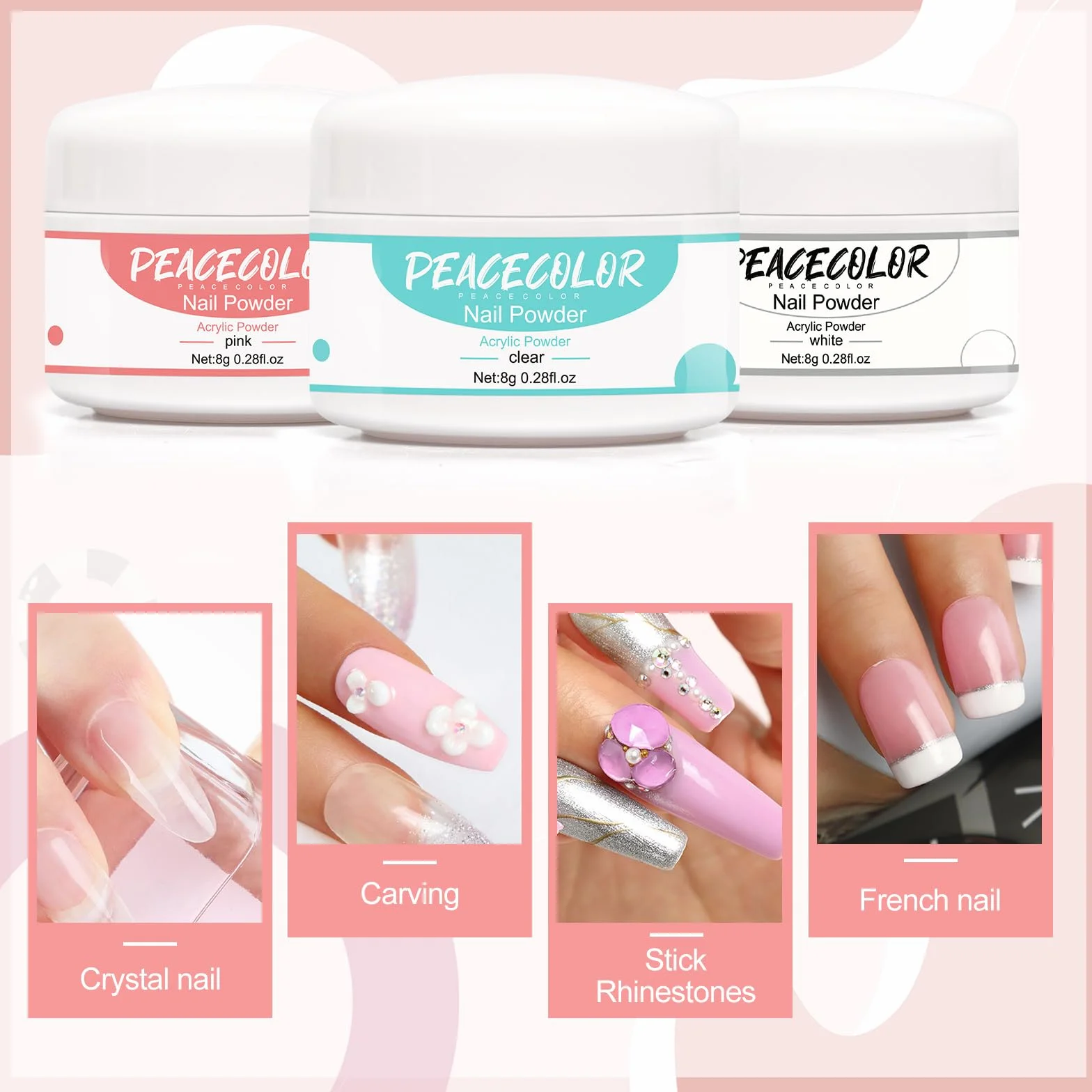 PEACECOLOR Kit Poudre Acrylique pour Ongles , Poudre Acrylique avec Liquide Acrylique, Rose Blanc Transparentes Resine Ongle Poudre , Pinceau, Chablon, Limes a Ongles, Kit Complet Acrylique Ongles