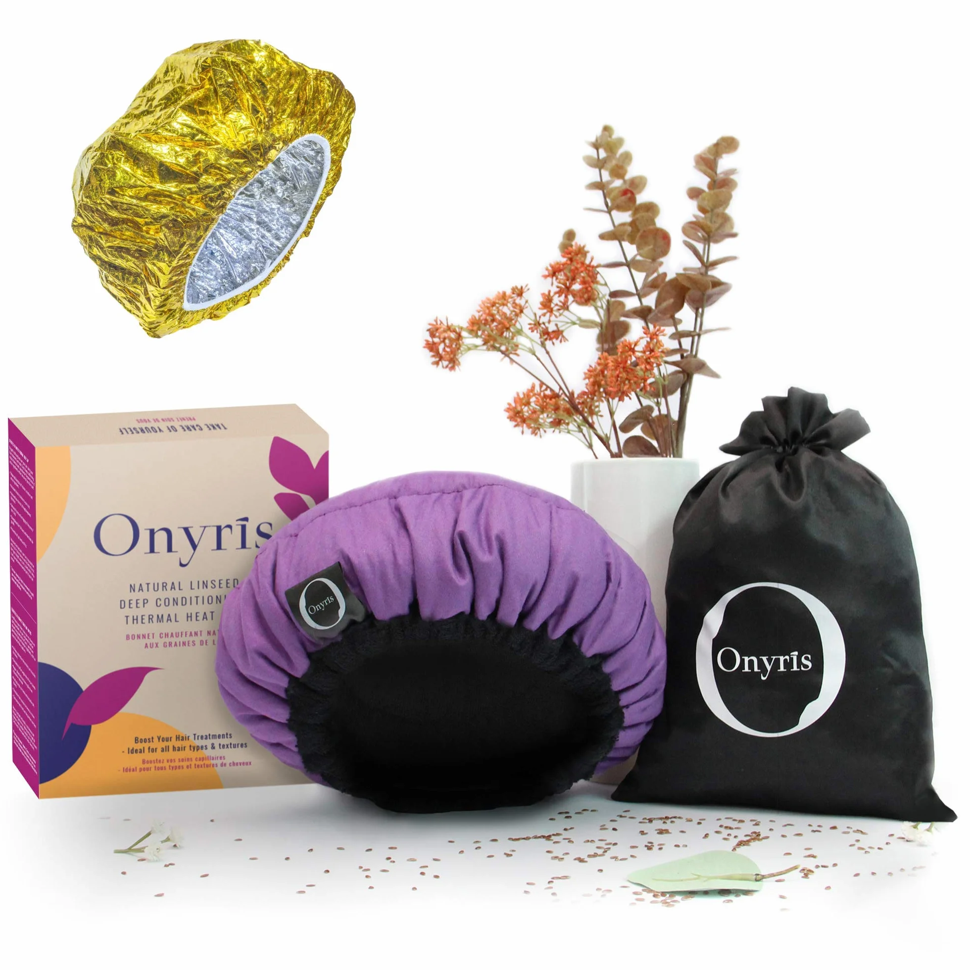 Bonnet Chauffant pour Soins Capillaires 100% Naturel aux Graines de Lin, Micro-Onde pour Tous Types et Textures de Cheveux (Purple)