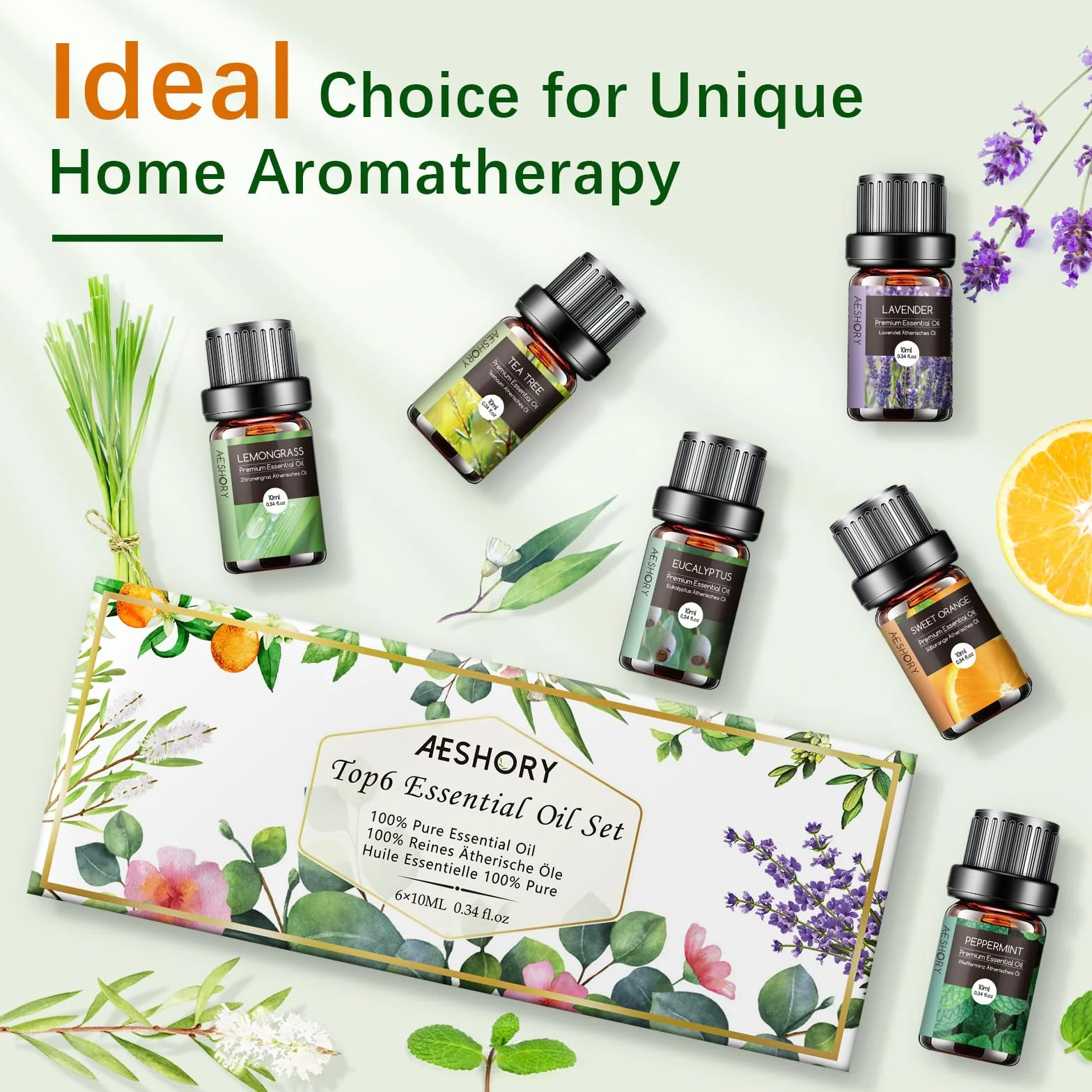 Kit Huiles Essentielles 6 x 10ml Aromathérapie Lavande Orange Douce Menthe Poivrée Arbre à Thé Citronnelle Eucalyptus