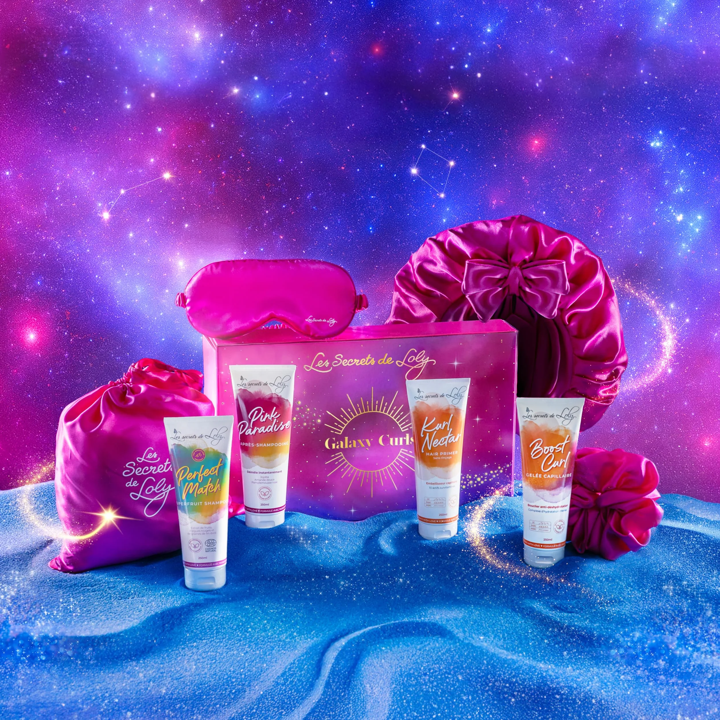 Coffret de Noël Bouclés Les Secrets De Loly Routine Complète 4 Produits + 3 Accessoires Satin Hydratation Intense Définition Cheveux Bouclés Formule Naturelle 97% Galaxy Curls