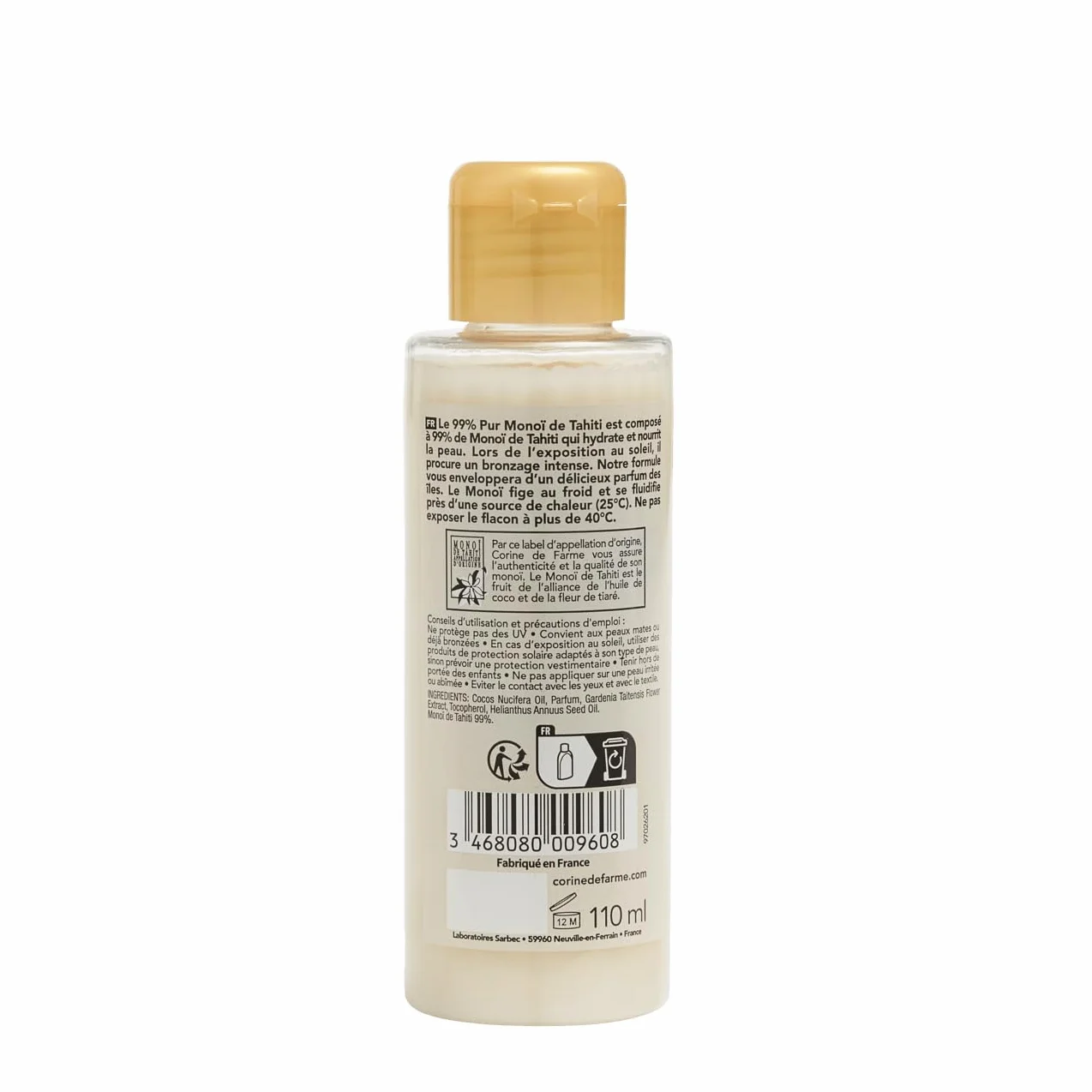 Corine de Farme Huile de soin pour le corps 110 ml 99% Pur Monoï de Tahiti hydratant nourrissant bronzage intense