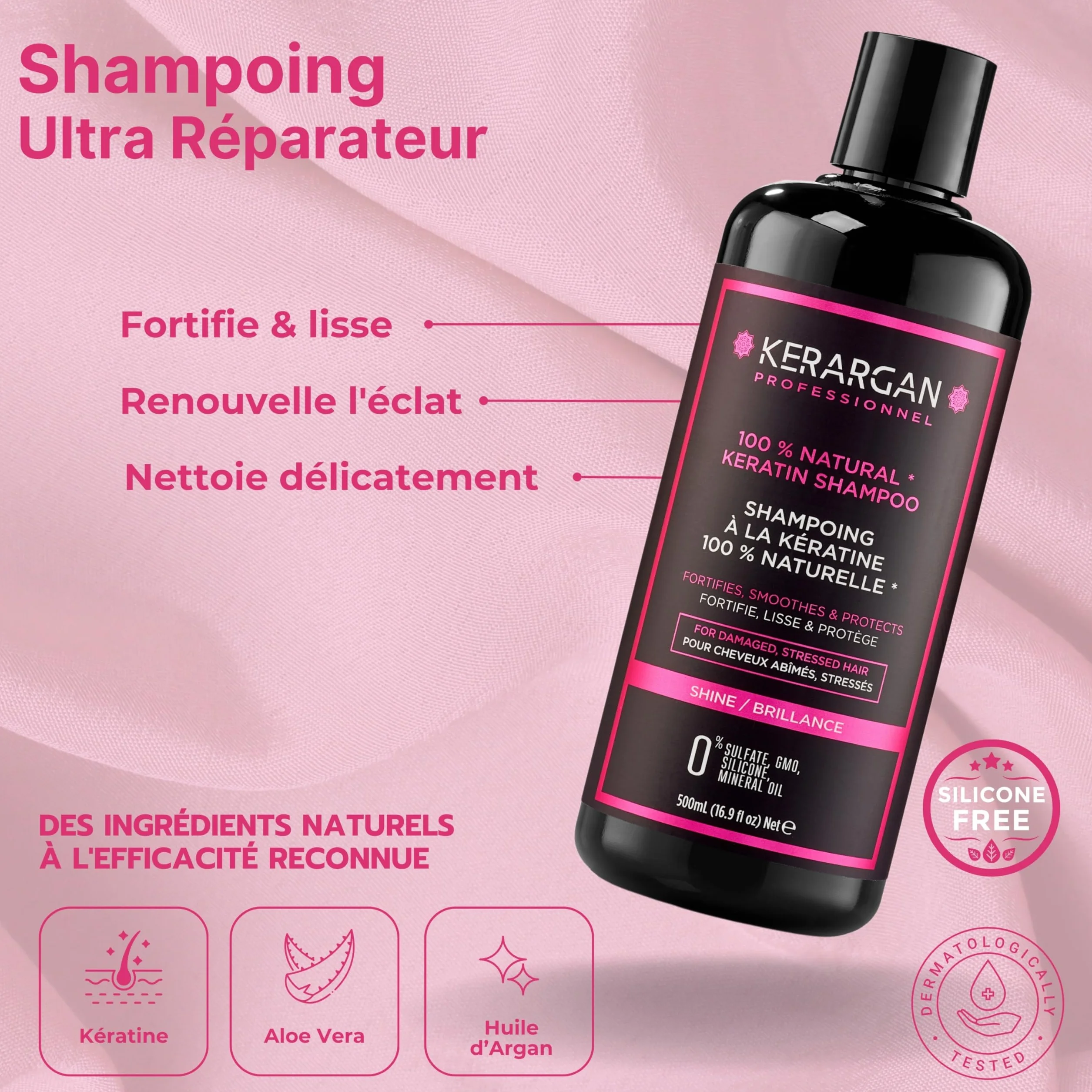 KERARGAN - Duo Kératine Shampoing & Gommage Sans Silicones - 500ml+250ml | Shampoing et gommage, nettoient et exfolient le cuir chevelu, formules sans silicones, OGM ni huiles minérales