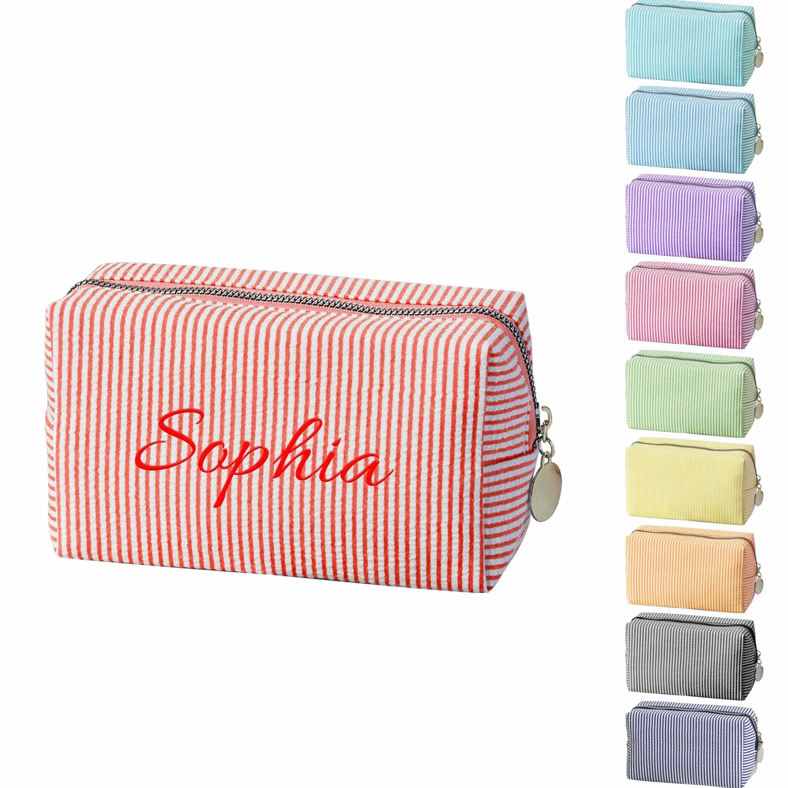 Trousse de Maquillage Personnalisée avec Nom, Sac Cosmétique en Tissu à Rayures, Grande Capacité, Multicolore, Cadeau pour Femme (Rouge)