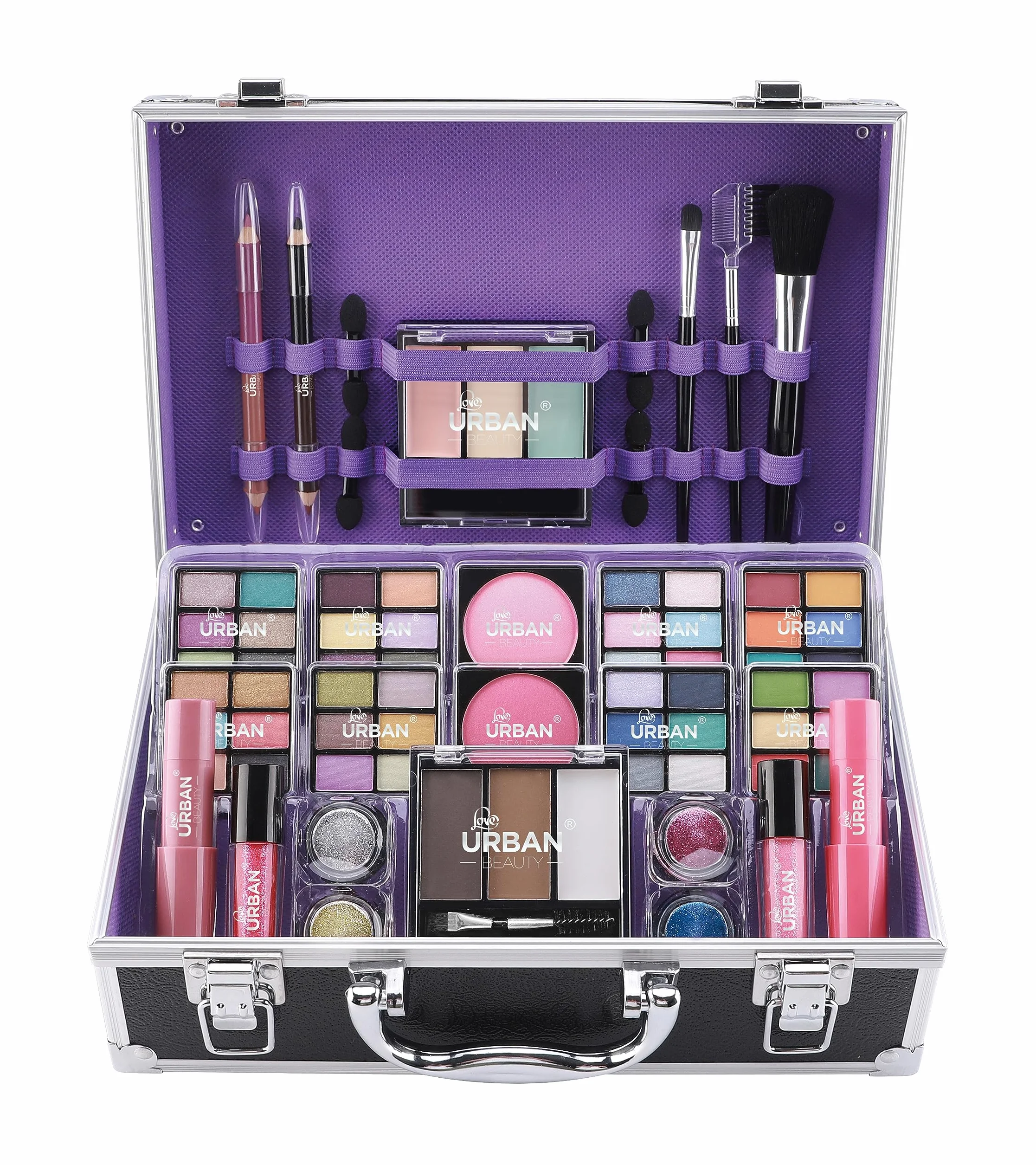 Bliss Trousse de produits de Maquillage Végan - Valise de Maquillage Complète avec Fard à Paupières et à Joues, Rouge à Lèvres, Cire et Poudre à Sourcils, pinceau – Organiseur avec Cadre en Aluminium