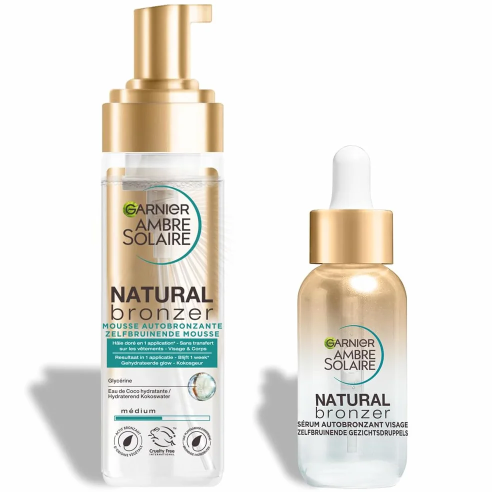 GARNIER Ambre Solaire - Coffret Mousse & Sérum Autobronzants & Hydratants - Teint Naturel & Radieux - Eau De Coco, Glycérine, Acide Hyaluronique - Vegan & Cruelty Free - Visage & Corps