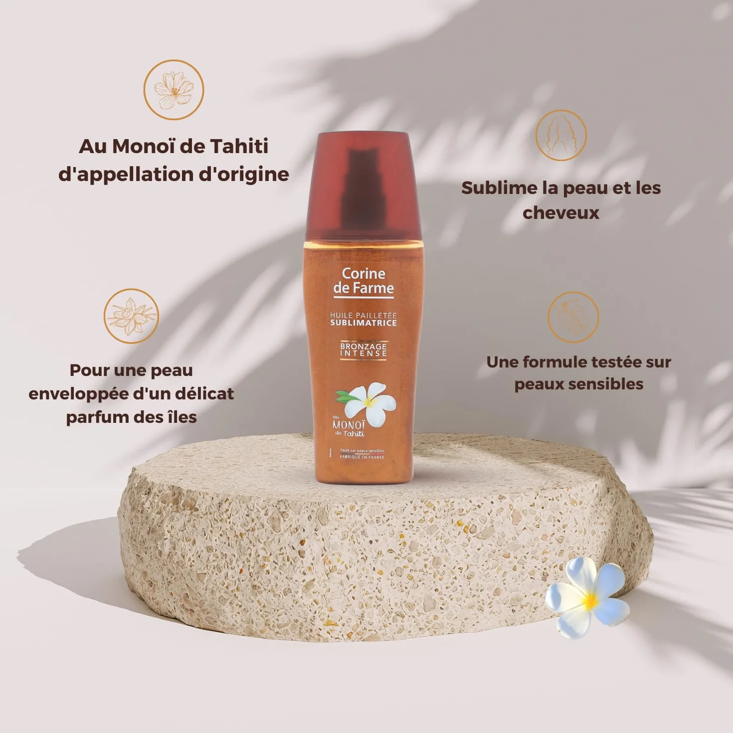 Corine de Farme Huile Pailletée Corps Visage Cheveux Soin Solaire Beauté Monoï de Tahiti Sans Parabène 150 ml Fabriqué en France