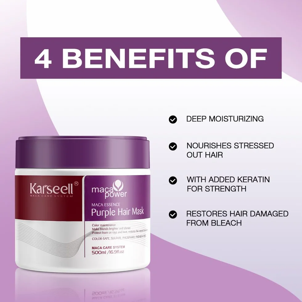 Karseell Violet Masque Cheveux 500ml Neutralise Reflets Jaunes Répare Cheveux Abîmés Blonds Platine Blancs Gris