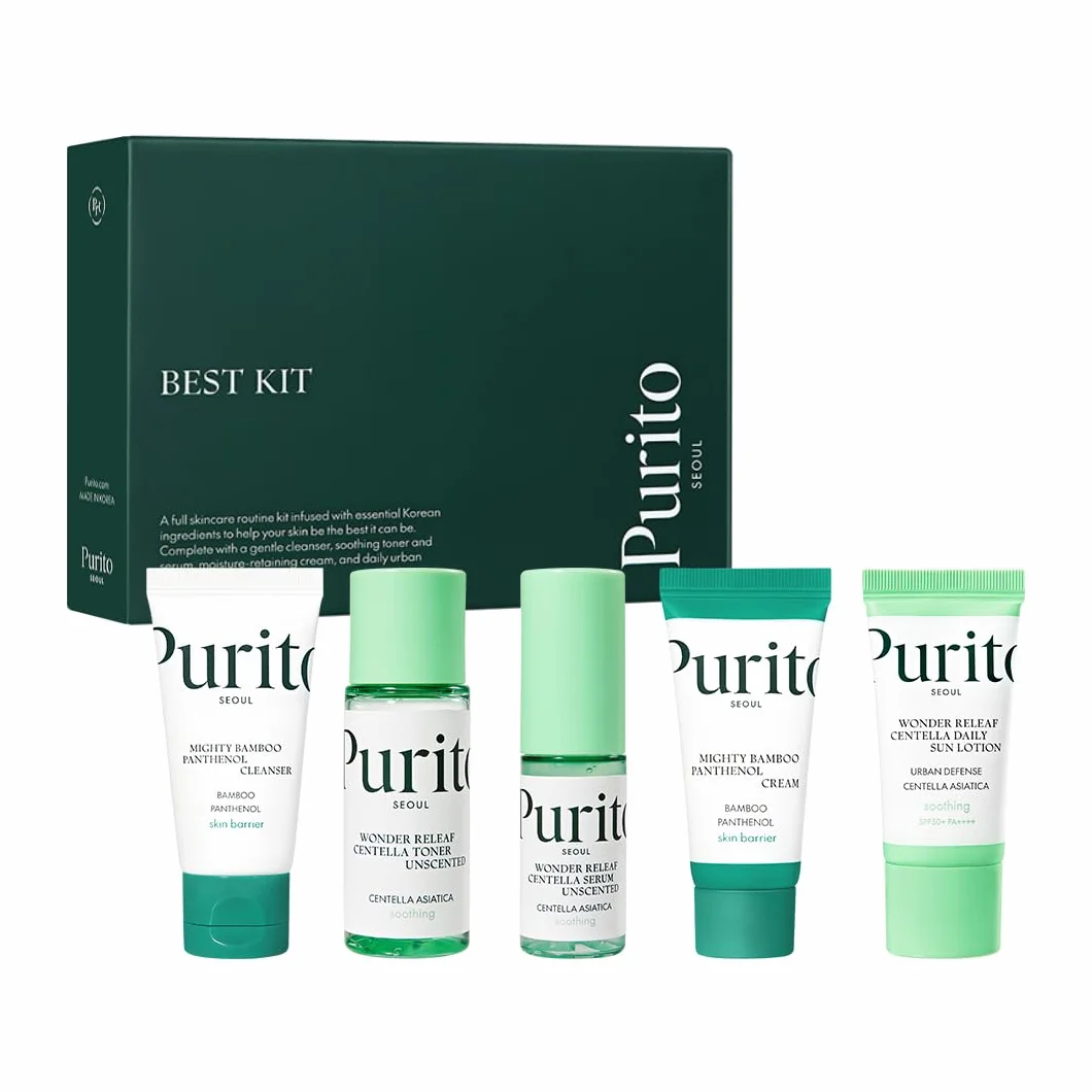 PURITO SEOUL Best Kit - Skincare Routine with Panthenol Cleanser & Cream, Unscented Centella Serum & Toner, Sun Lotion For All Skin Types, Gift Set, For Face, Facial Serum, K-Beauty, 3.52 fl. oz.