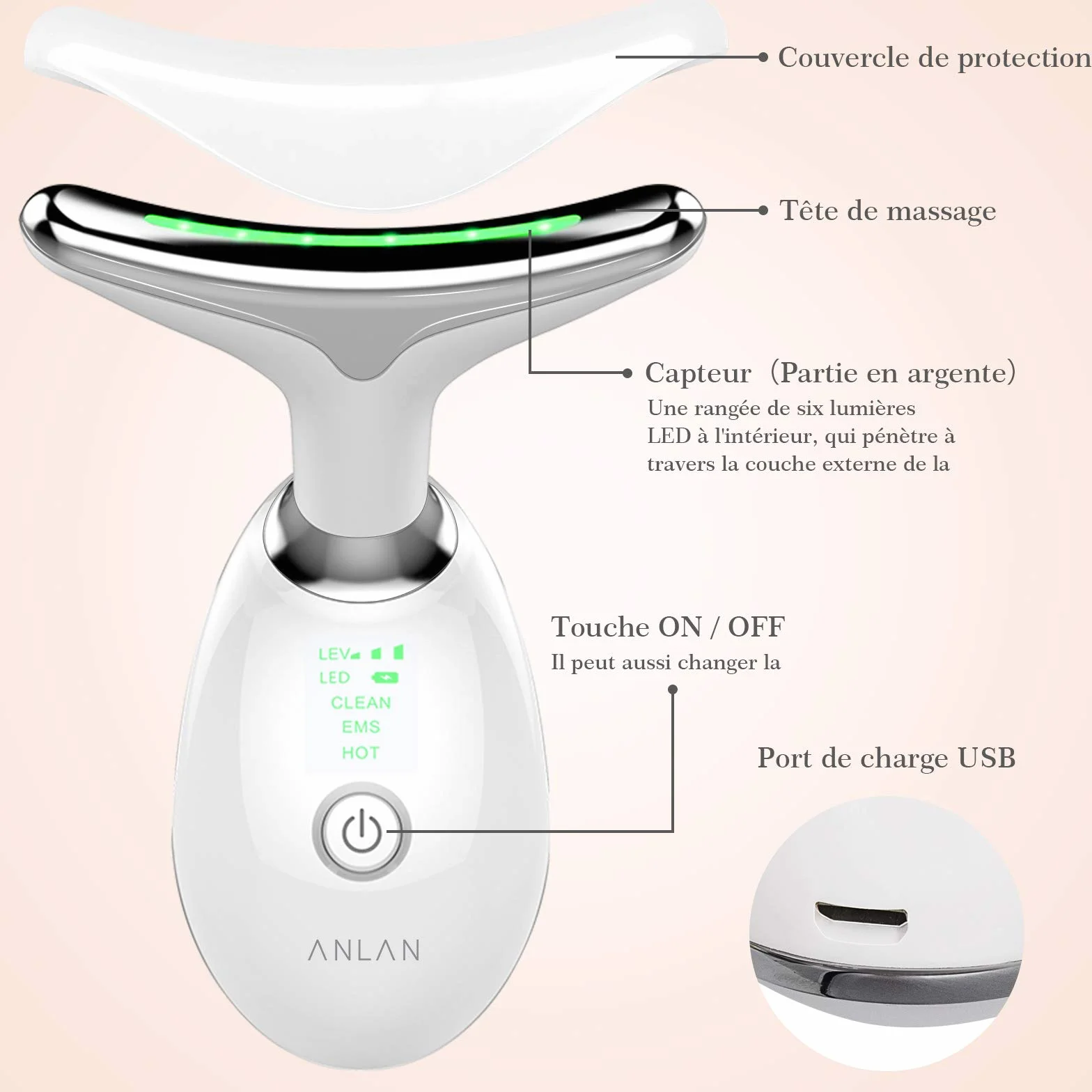 Appareil Anti Rides Visage, ANLAN Appareil de Beauté, Soins de la Peau Dispositif de Beauté avec Lifting EMS Massage, Tonification Pour Le Visage Raffermissement Levage Cou(45℃)