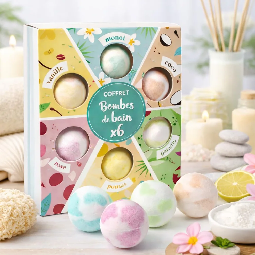 French Tendance - Coffret 6 Bombes de Bain - 6 x 60g - Effet Relaxant, Moment Détente - Senteurs Monoi, Vanille, Coco, Ananas, Pomme, Fleur de Cerisier - Kit Bombe Bain Moussant