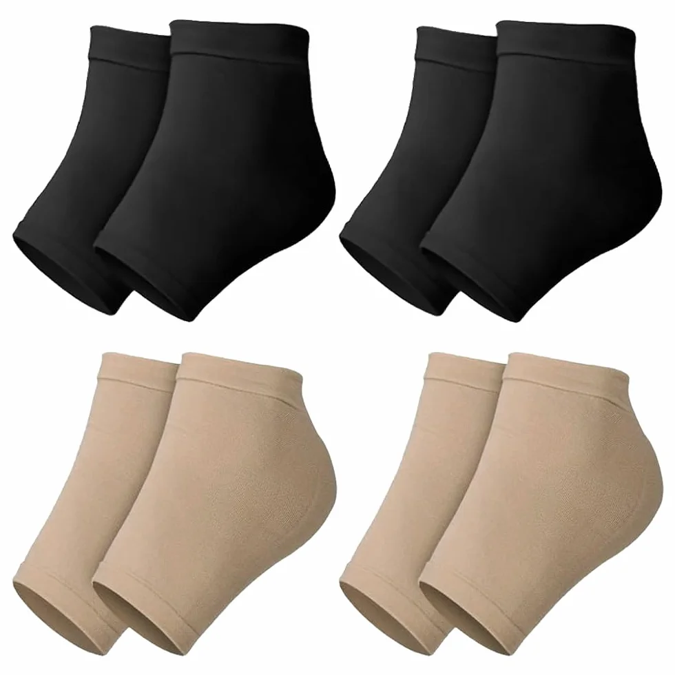 Chaussettes Hydratantes à Talons en Gel Réutilisables pour Peaux Sèches et Craquelées - 4 Paires (Couleur de Peau, Noir)