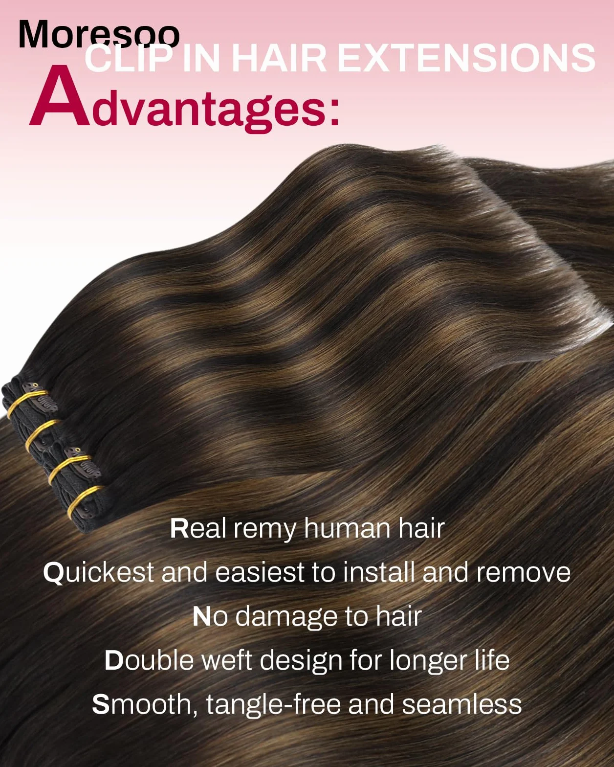 Moresoo Extension Cheveux Naturel Clip Balayage Brun le plus Foncé avec Brun Moyen Extension Clip Cheveux Naturel Remy Lisse Courte #2/6/2 30 cm 5 Pièces 80g