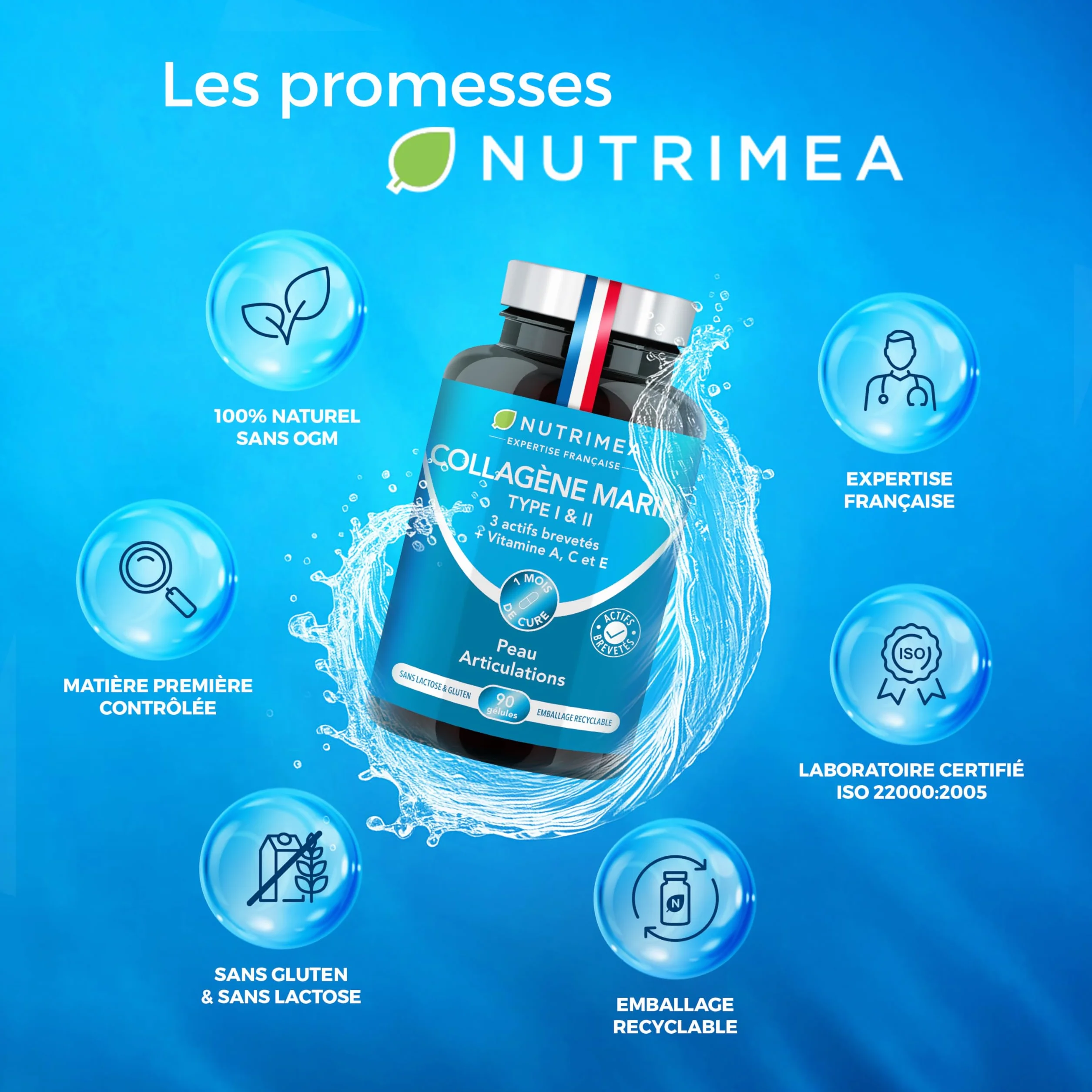Nutrimea Collagene Marin Types I & II Brevetés 900 mg 90 Gélules Vitamines A C E Végétales Fabriqué en France