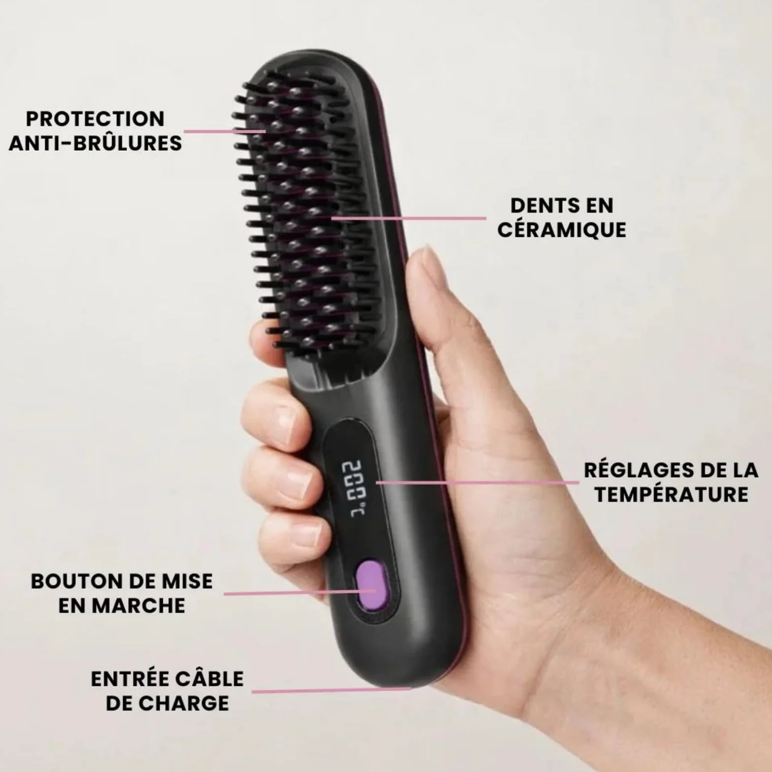 Brosse Cocoony Lisseur Balai Sans Fil Cheveux Courts 3 Niveaux Chaleur Écran LED USB-C
