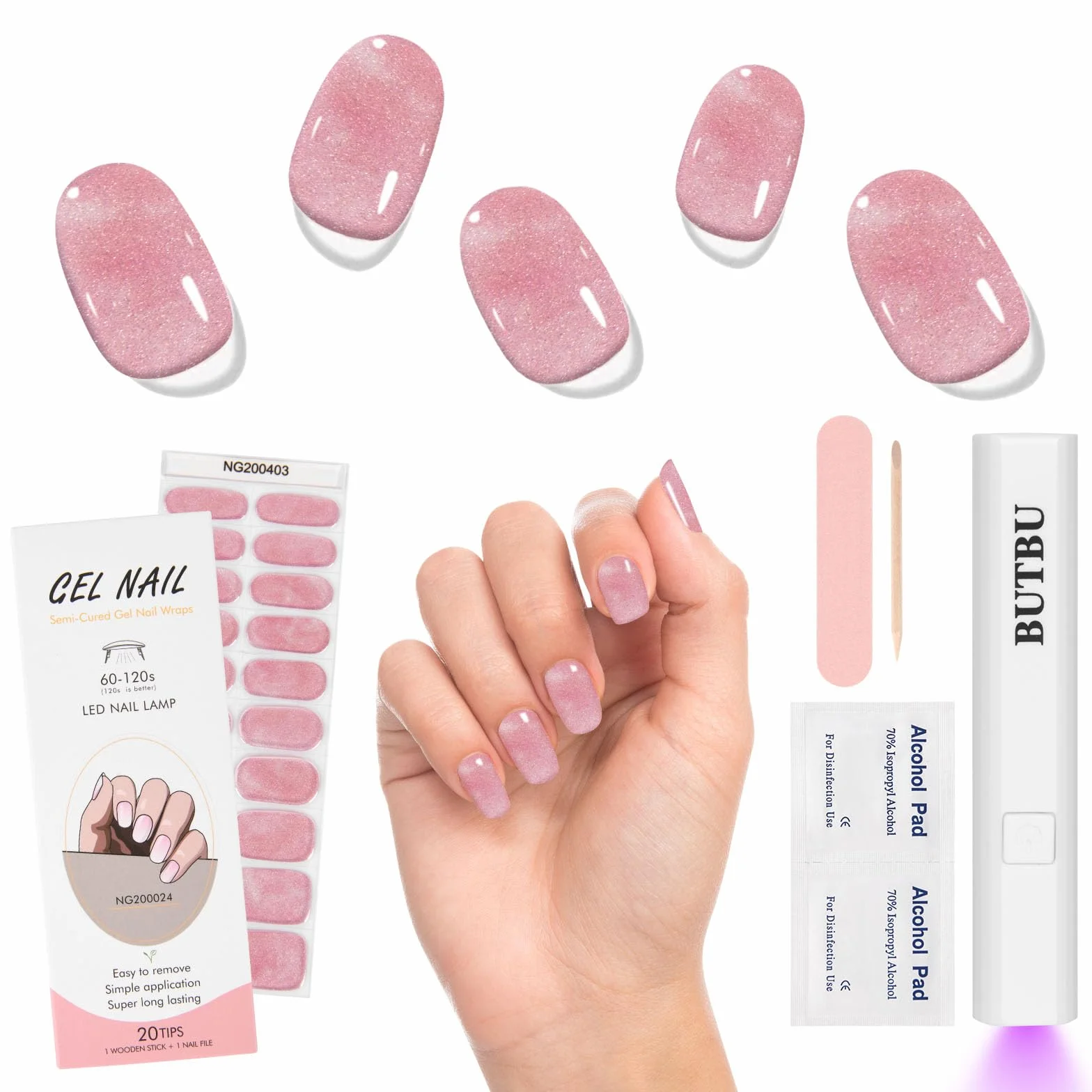 Autocollant Ongle Gel UV 20pcs, Vernis Autocollant UV, Film Ongles Autoadhésif avec Lampe UV Lime Bâton, Quartz Rose
