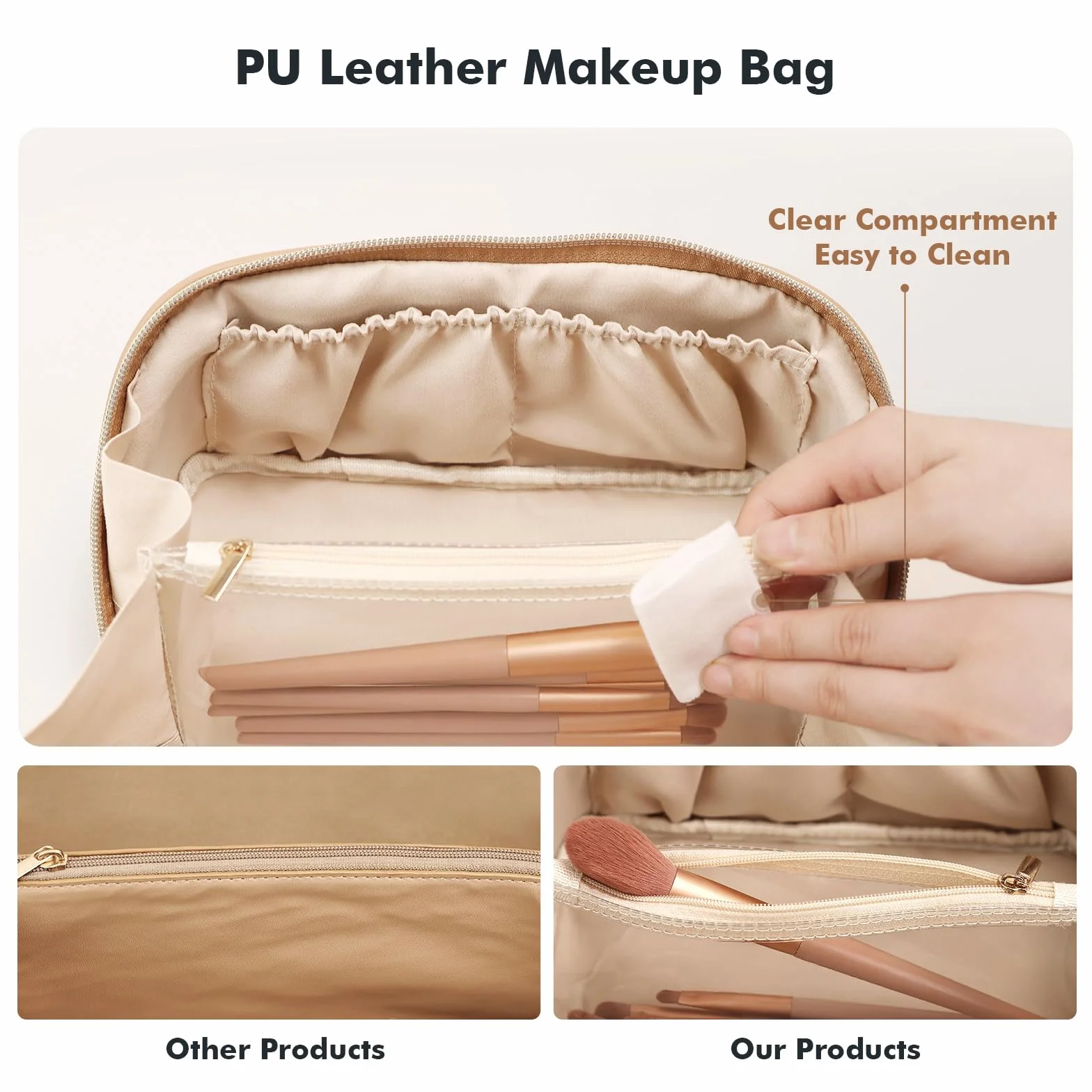 Prite Trousse de Maquillage en Cuir PU Imperméable pour Voyage avec Séparateur Transparent et Poignée Beige