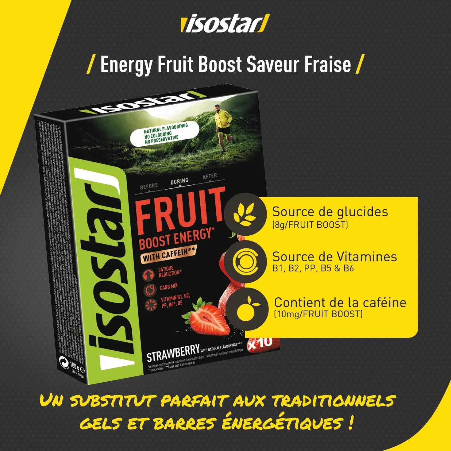 ISOSTAR Energy Fruit Boost Pâtes de Fruits Sport Saveur Fraise Réduction Fatigue Caféine Arôme Naturel Sans Colorant Sans Conservateur 1 Boîte 10 Carrés 10 x 10 g