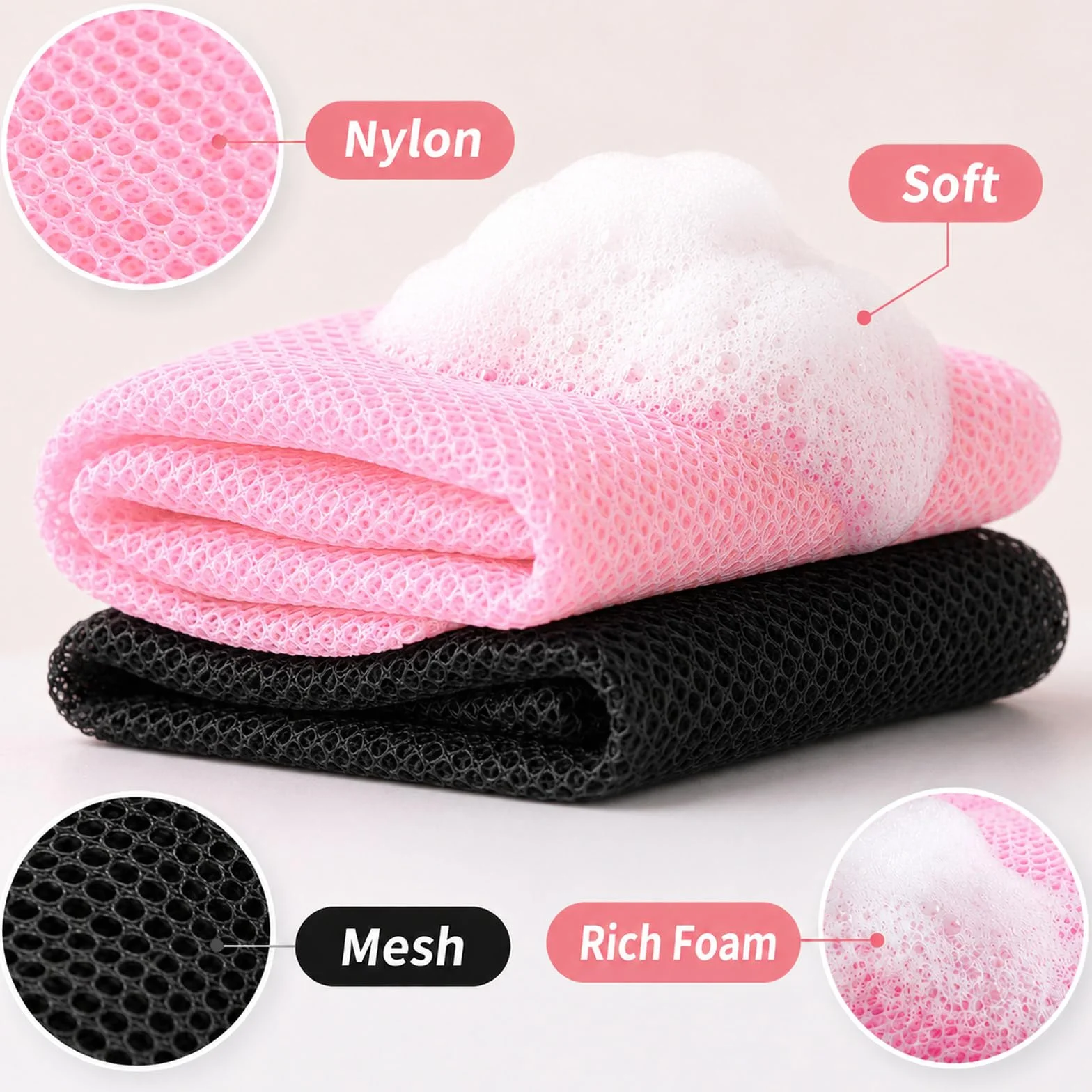 Serviette Exfoliante Réutilisable Filet de Douche Africain Nylon Résistant pour Corps Femmes Hommes Noir Rose