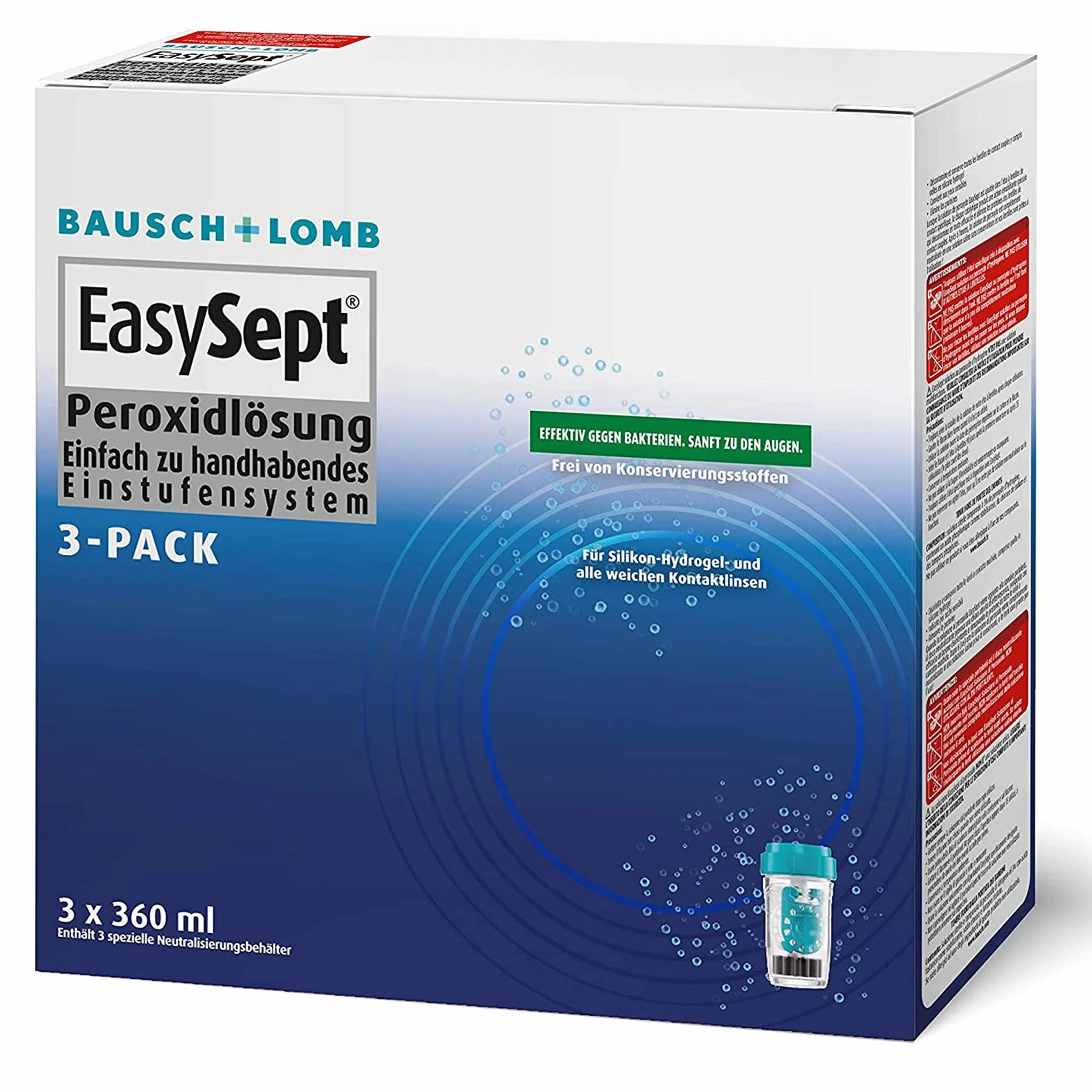 Bausch + Lomb EasySept Nettoyant pour lentilles de contact en solution de peroxyde, 3 x 360 ml