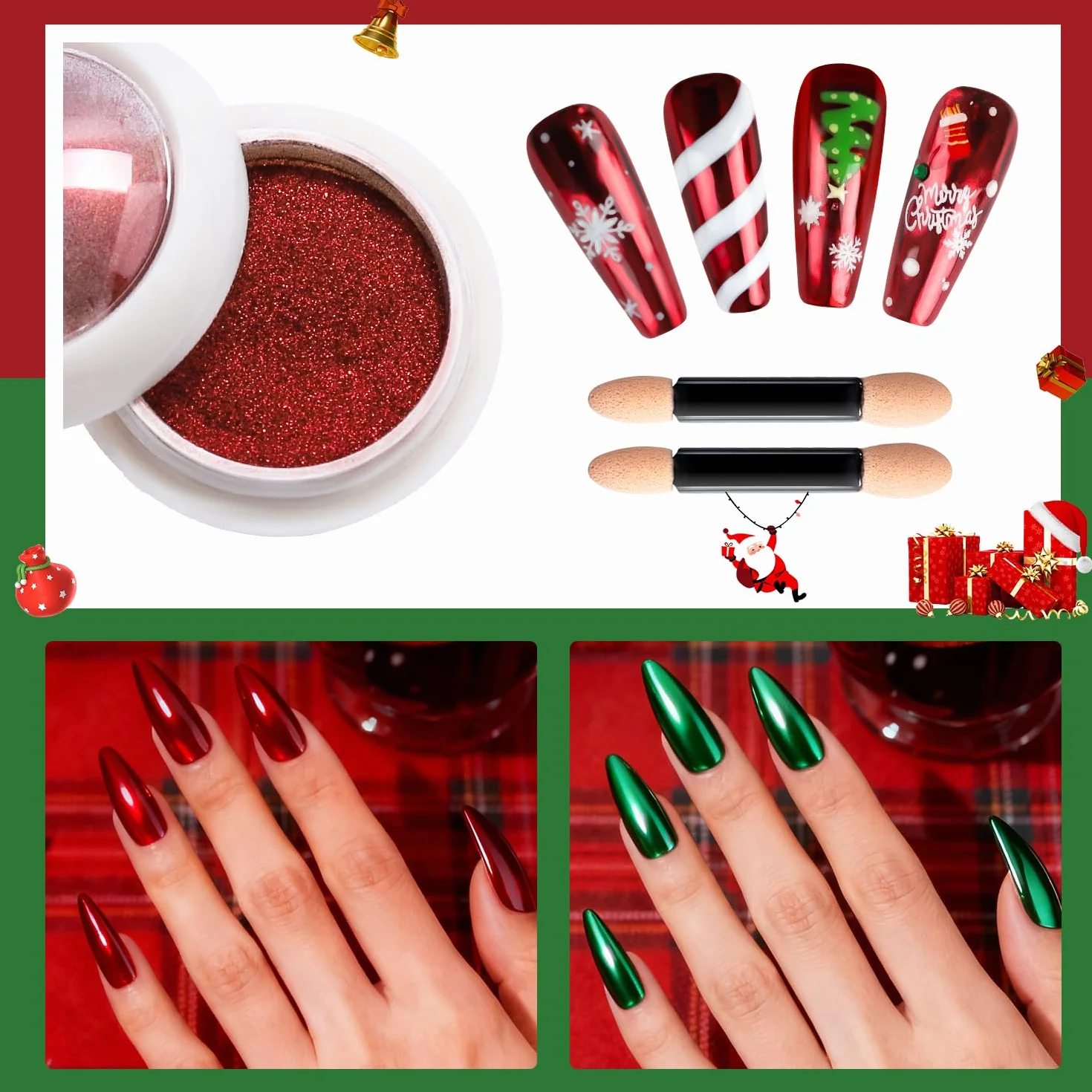 Rouge et Vert Poudre Chrome Ongle Rouge – Poudre Chromée Effet Miroir pour Ongles, Nail Art Chrome Pigment, Christmas Red Nail Powder