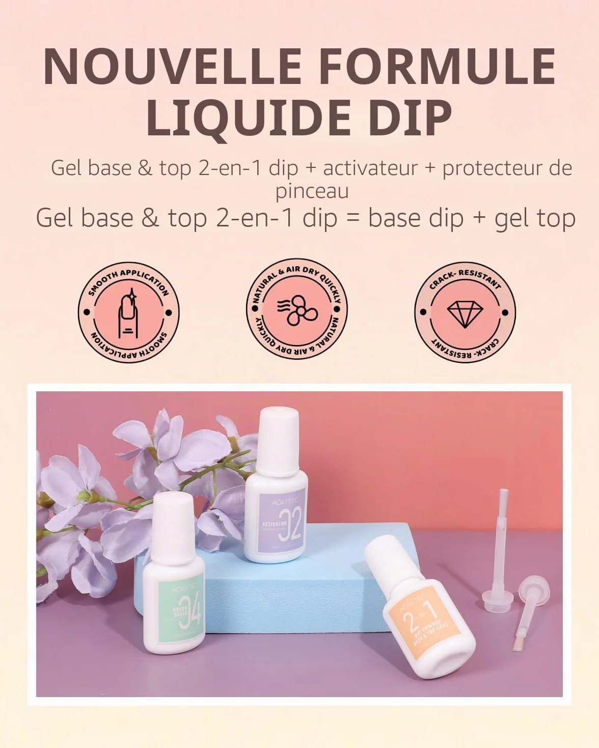 Aokitec Kit de trempage pour ongles 12 poudres 3 couleurs rose clair nude rose pâle avec 3 liquides acrylique nail art