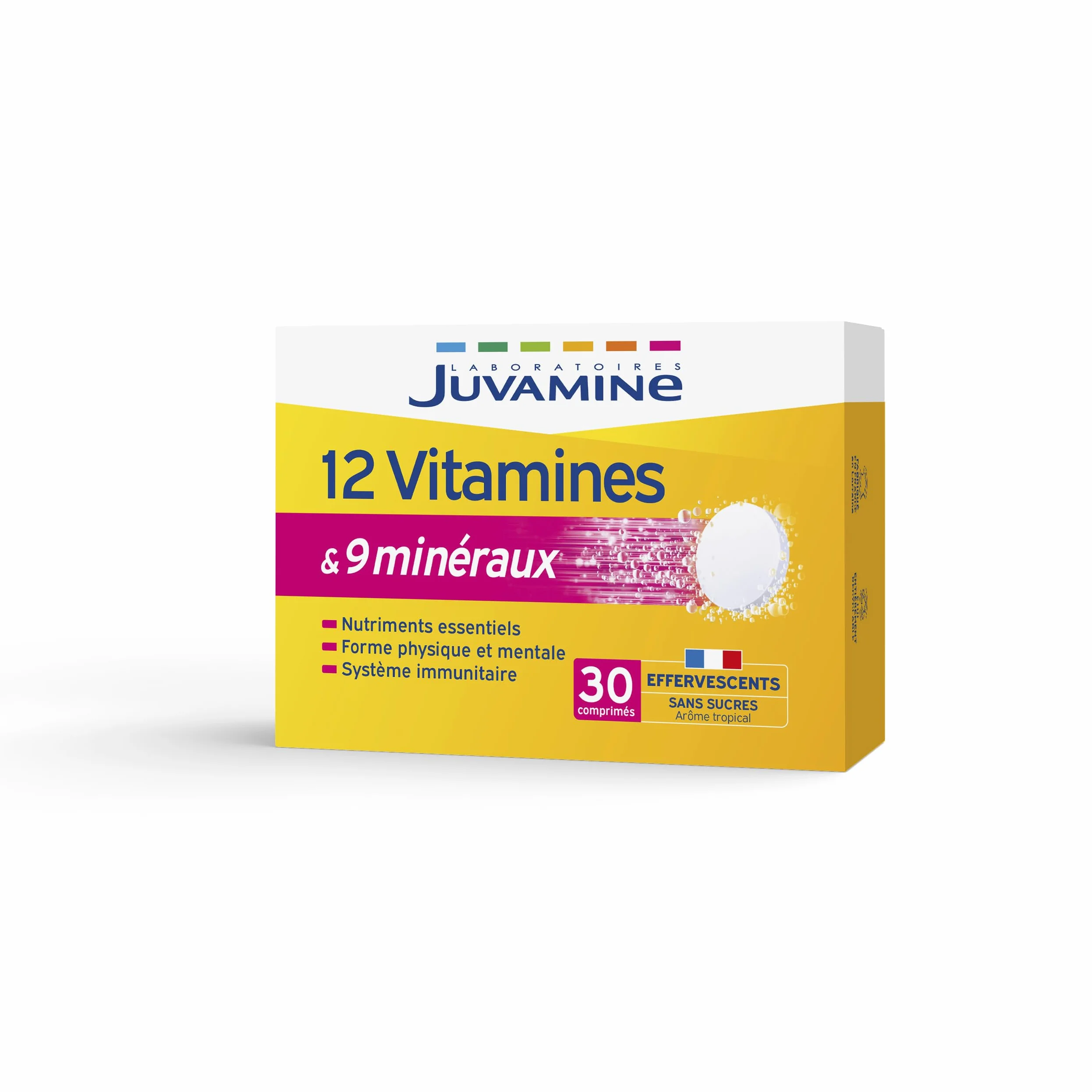 Juvamine 12 Vitamines & 9 Minéraux Effervescents Fatigue Stress Métabolisme Énergétique Immunité 30 Comprimés Arôme Tropical Fabriqué en France