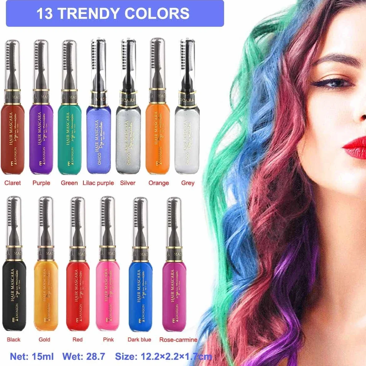 Kit Couleur Temporaire Mascara Cheveux Lavable 13 Couleurs Peigne Craie Bleu Halloween Cosplay Fête