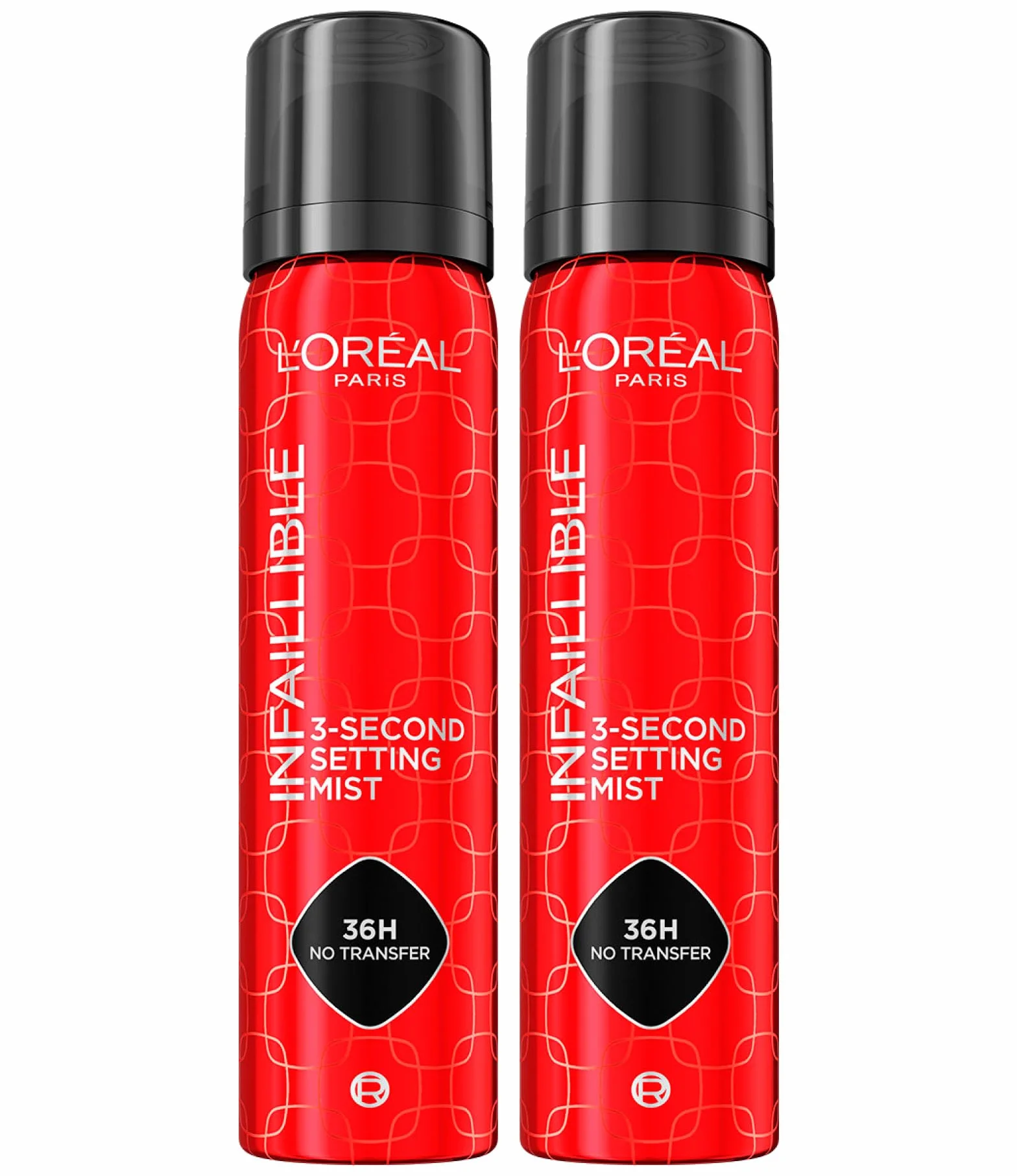 L'Oréal Paris Spray Fixateur Infaillible pour Maquillage Visage 3-Second Setting Mist 36H No-Transfer Waterproof Formule Légère à Séchage Rapide Résistante à la Sueur et à l'Eau - 2 Flacons de 75ml