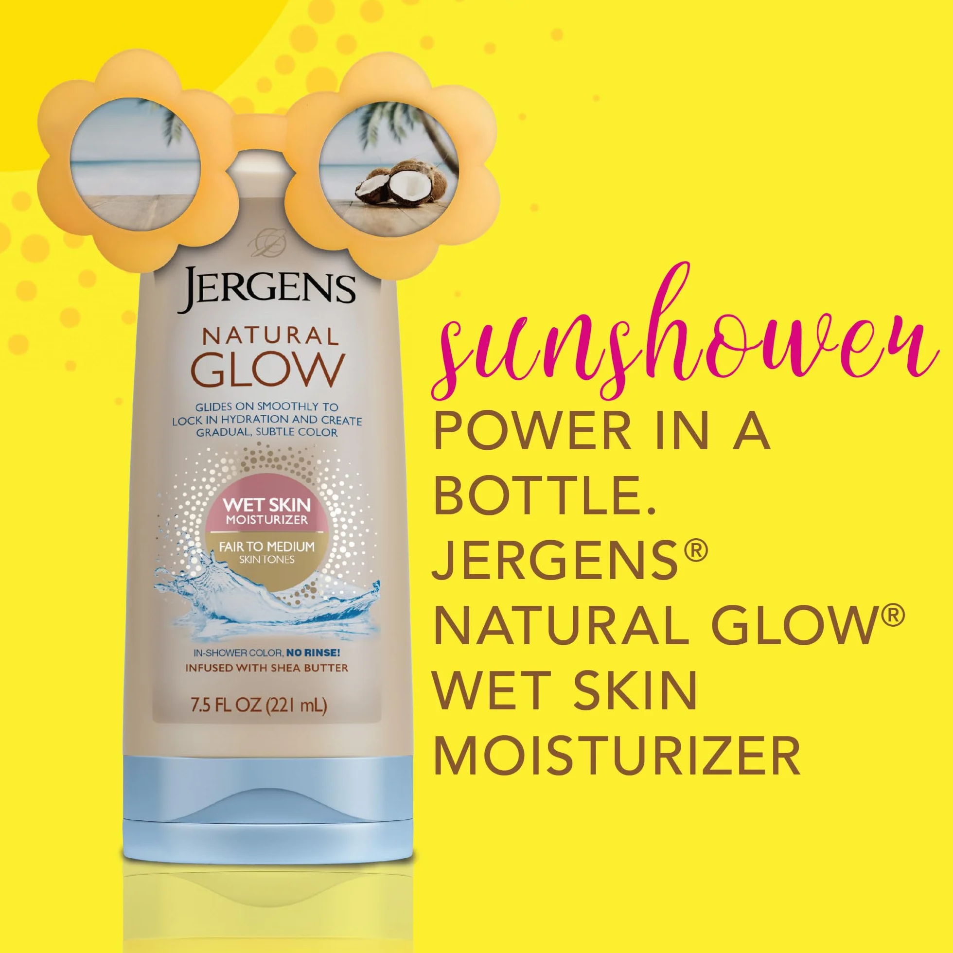 Jergens Natural Glow Hydratant sous la douche, teint moyen à bronzé, lotion pour la peau humide de 7,5 onces, scelle l'hydratation avec une couleur progressive et impeccable