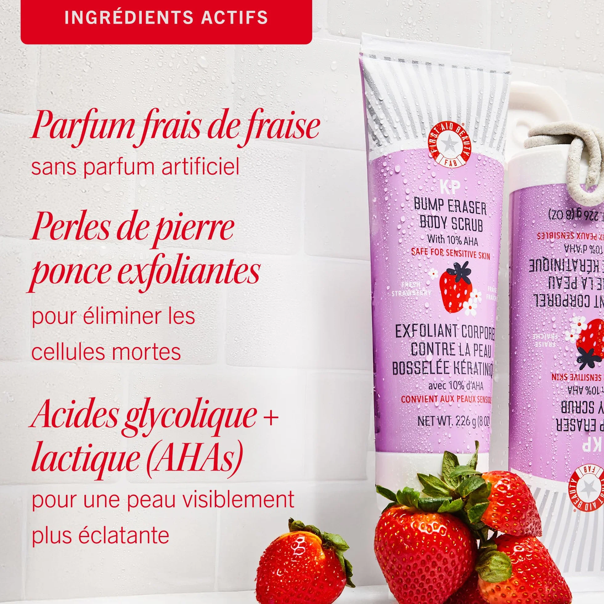 First Aid Beauty Gommage corporel KP Bump Eraser 10% AHA exfoliant kératose pilaire glycolique lactique