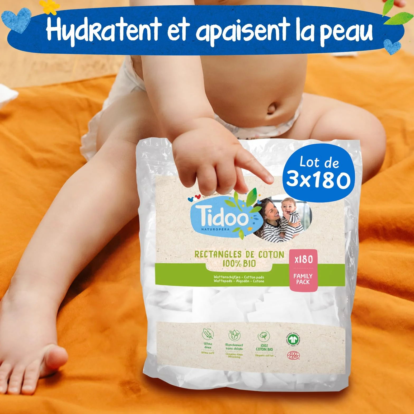 Tidoo 540 Coton Pads Bébé 100% Bio Ultra Doux Hypoallergéniques Peaux Sensibles Fabriqués en France