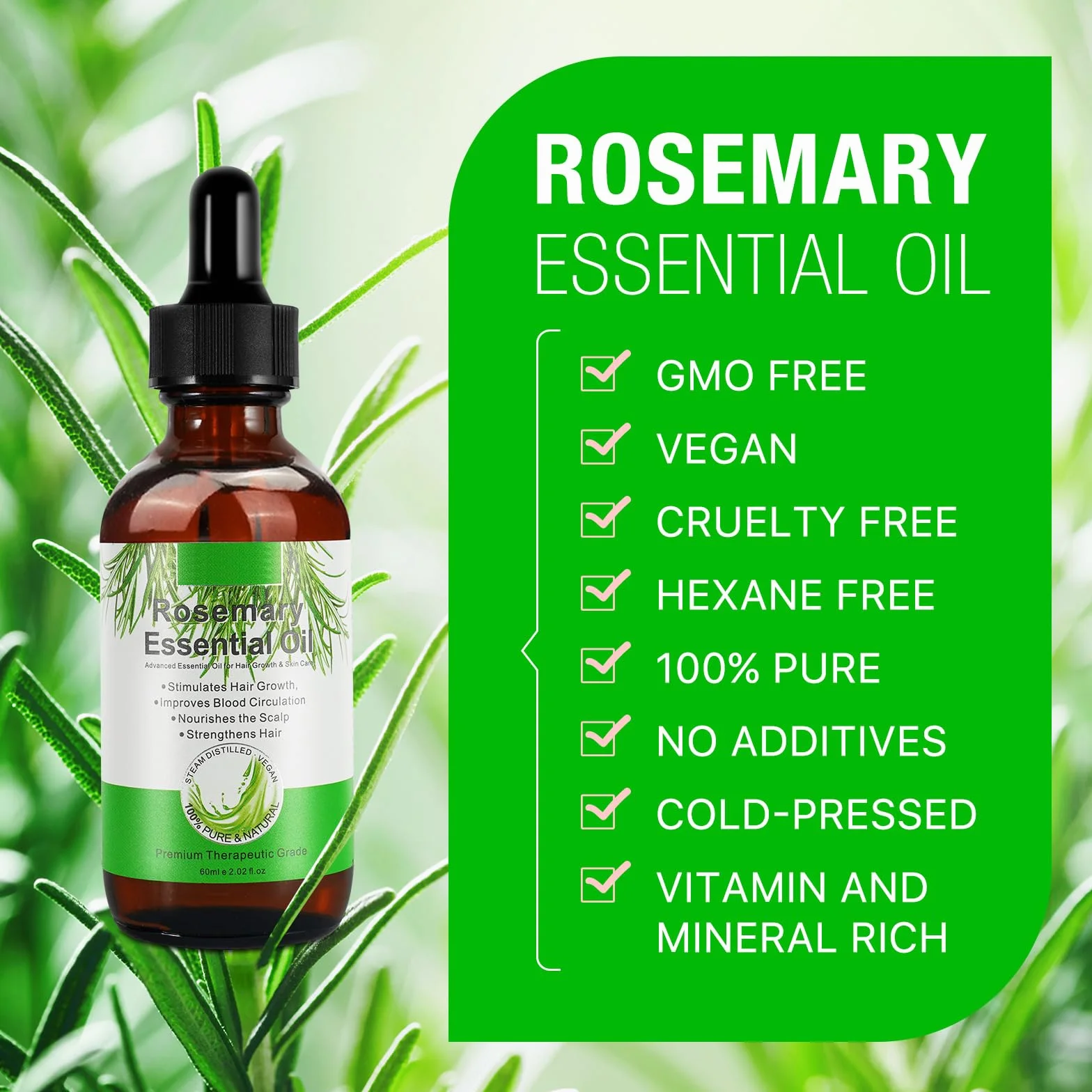 Huile de Romarin 60ml Masseur Cuir Chevelu 100% Pure Essentielle Croissance Cheveux Cils Sourcils