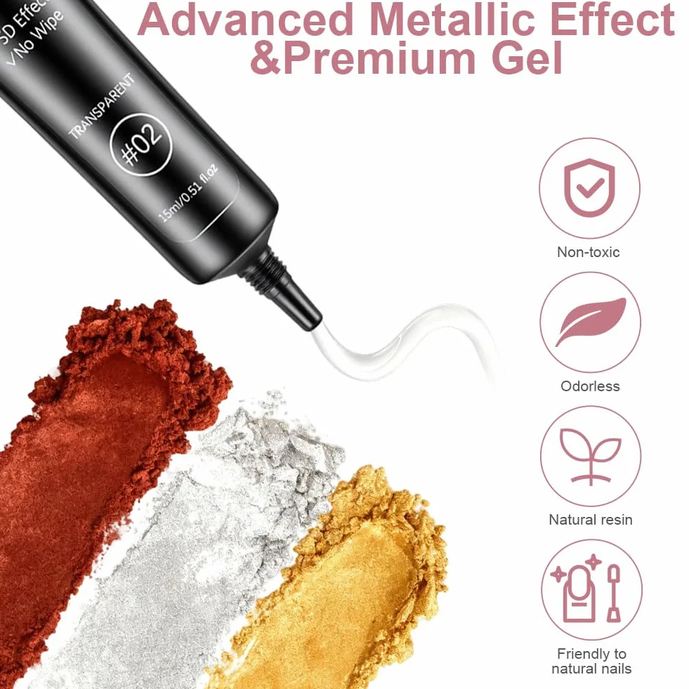 LOPHE Gel à Ongles 3D Multifonction avec 6 Poudres Chromées et 15 ML Gel Sculptant pour Nail Art