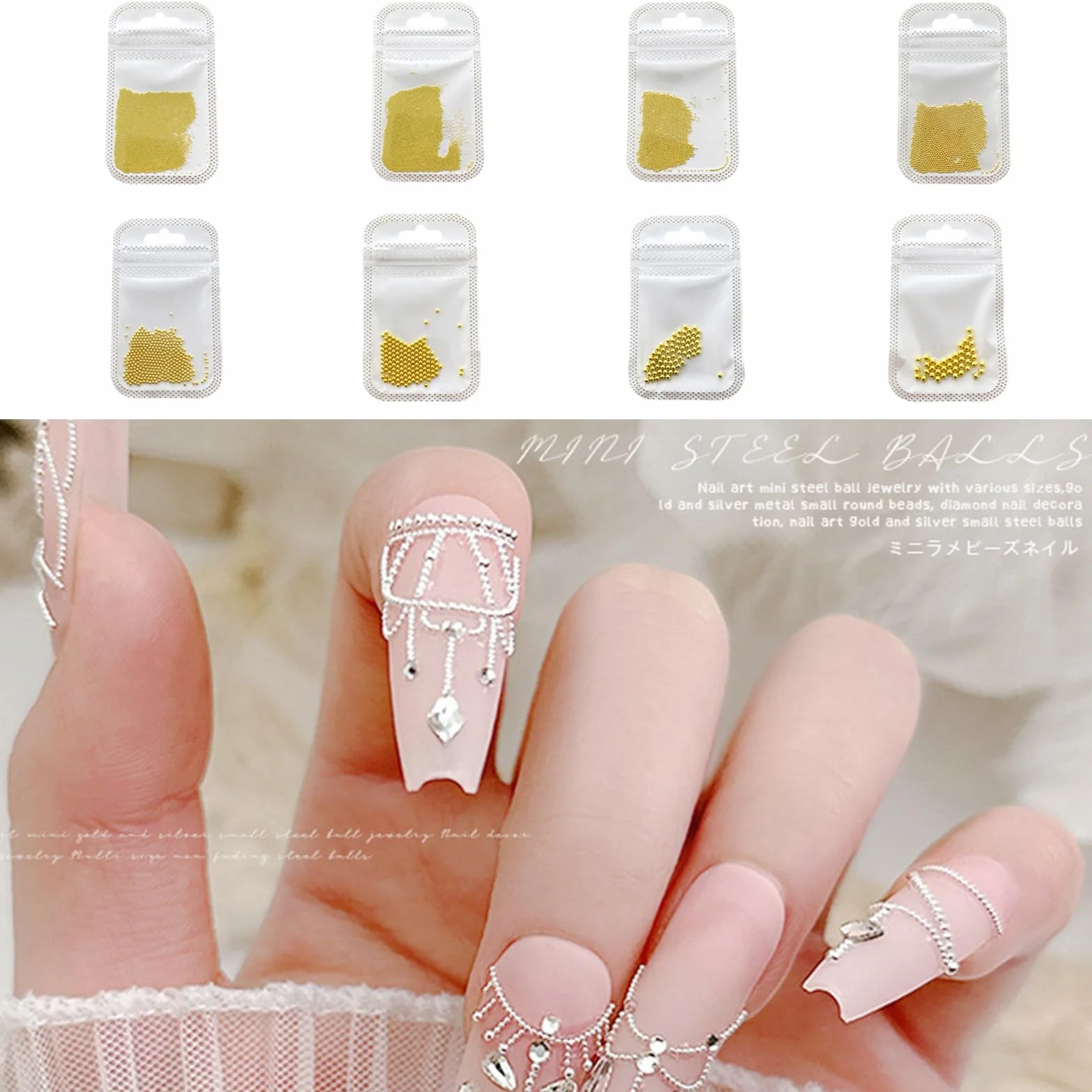 Perles de caviar métal 3D pour ongles Argenté doré 0,4 mm à 3 mm