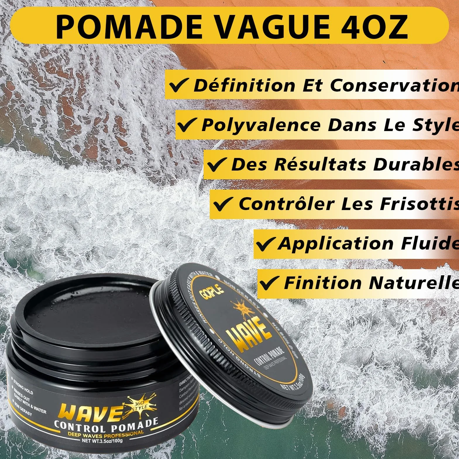 360 Wave Pomade Pommade Ondulée Pour Hommes, Tenue Forte, Lavage Facile, Crème Capillaire d'Entraînement à 360 Vagues, Graisse Ondulée Pour Hommes