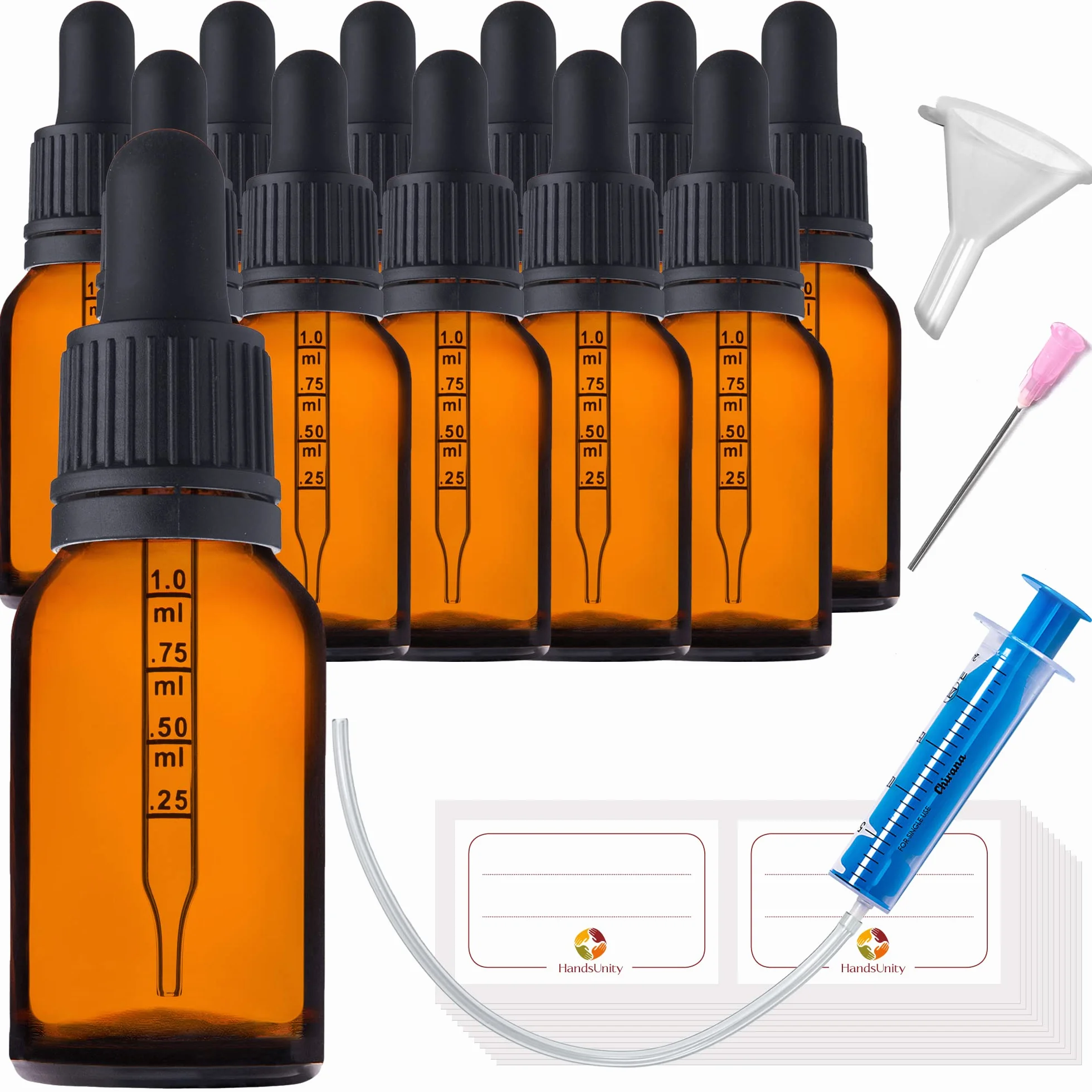 15ml-12pcs de Flacon de Pipette Petit Flacon en Verre - d'apothicaire en Verre Ambré avec Capuchon de Pipette Blanc Comprenant 29pcs d'accessoires Bouteilles en Verre Brun