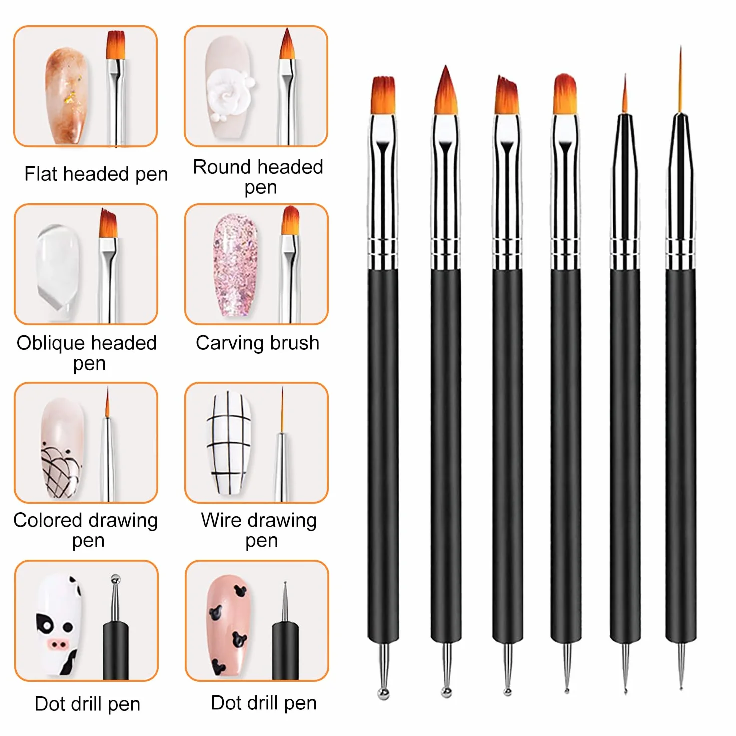 Pinceau Nail Art Ongles 6 Pcs Double Extrémité Dotting Pen Outils Manucure Salon DIY Noir