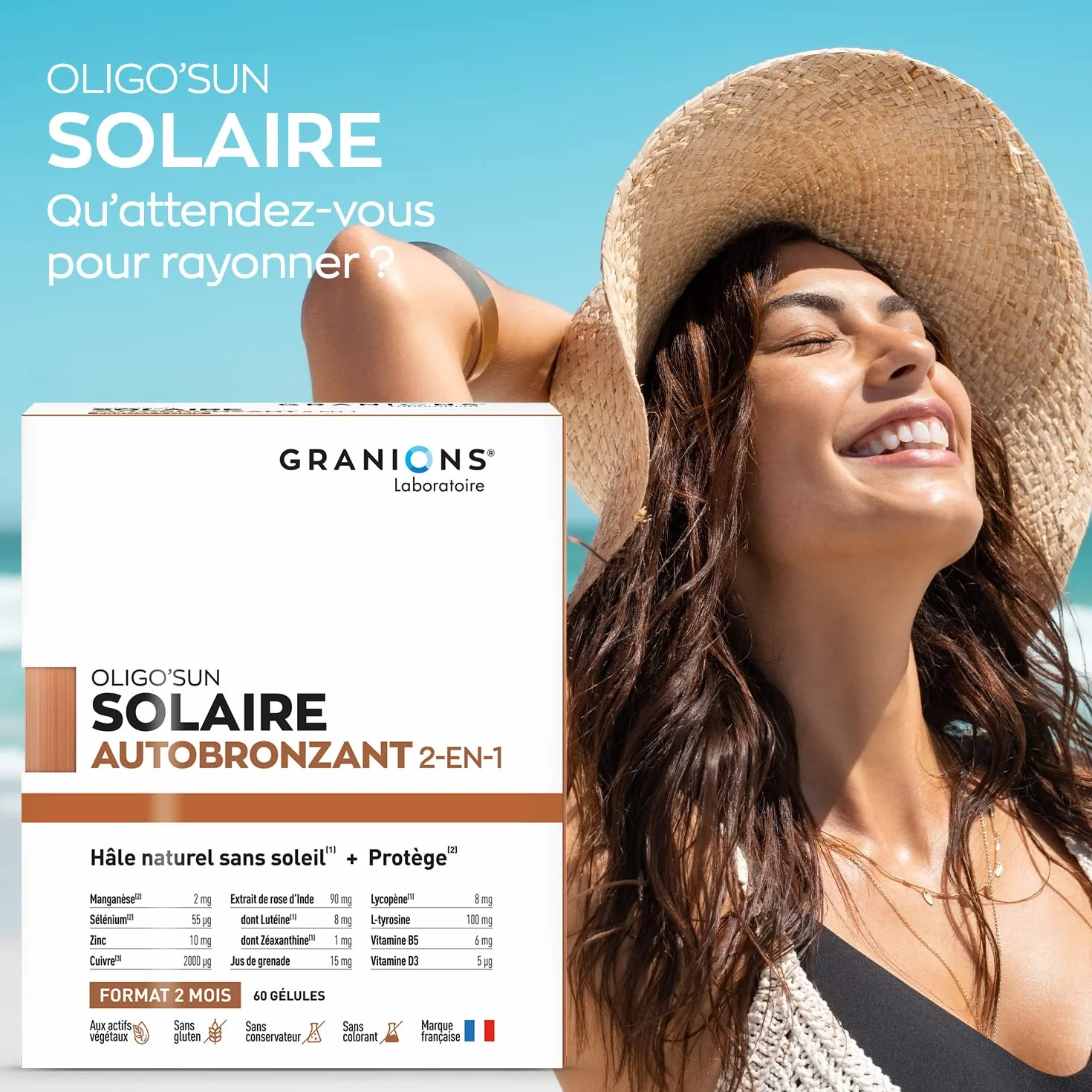 GRANIONS Bronzage Autobronzant Gélule 2-en-1 Complément Alimentaire Accélérateur Bronzage 60 Gélules Made in France