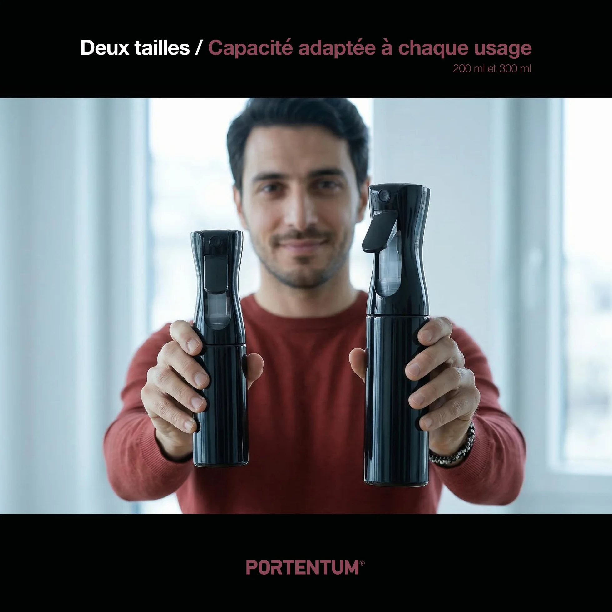PORTENTUM Vaporisateur cheveux 200 ml – Pulvérisateur eau brume fine rechargeable spray vide pour cheveux plantes nettoyage