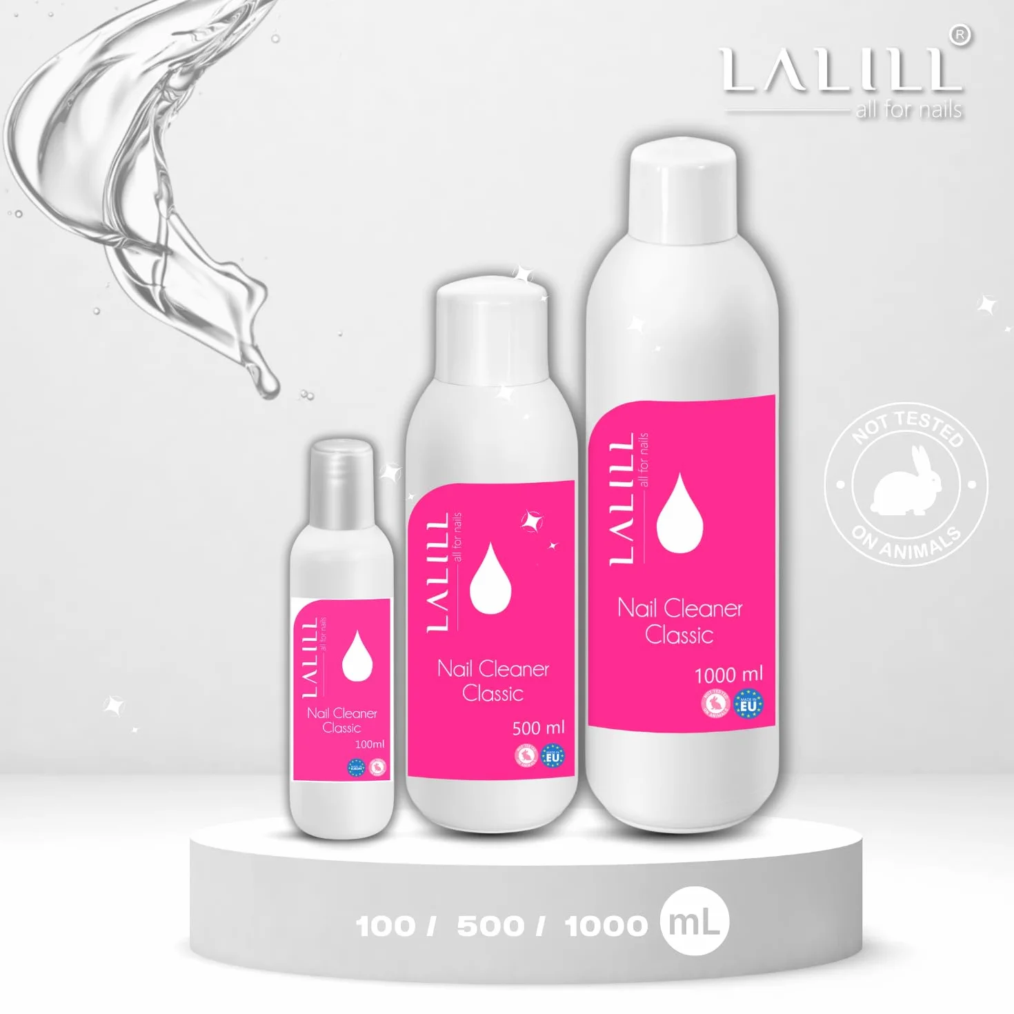 LALILL Cleaner Ongles Dégraissant 500ml Kit - Nettoyant pour Ongles avec Flacon Pompe 200ml, 500 Pads et Brosse