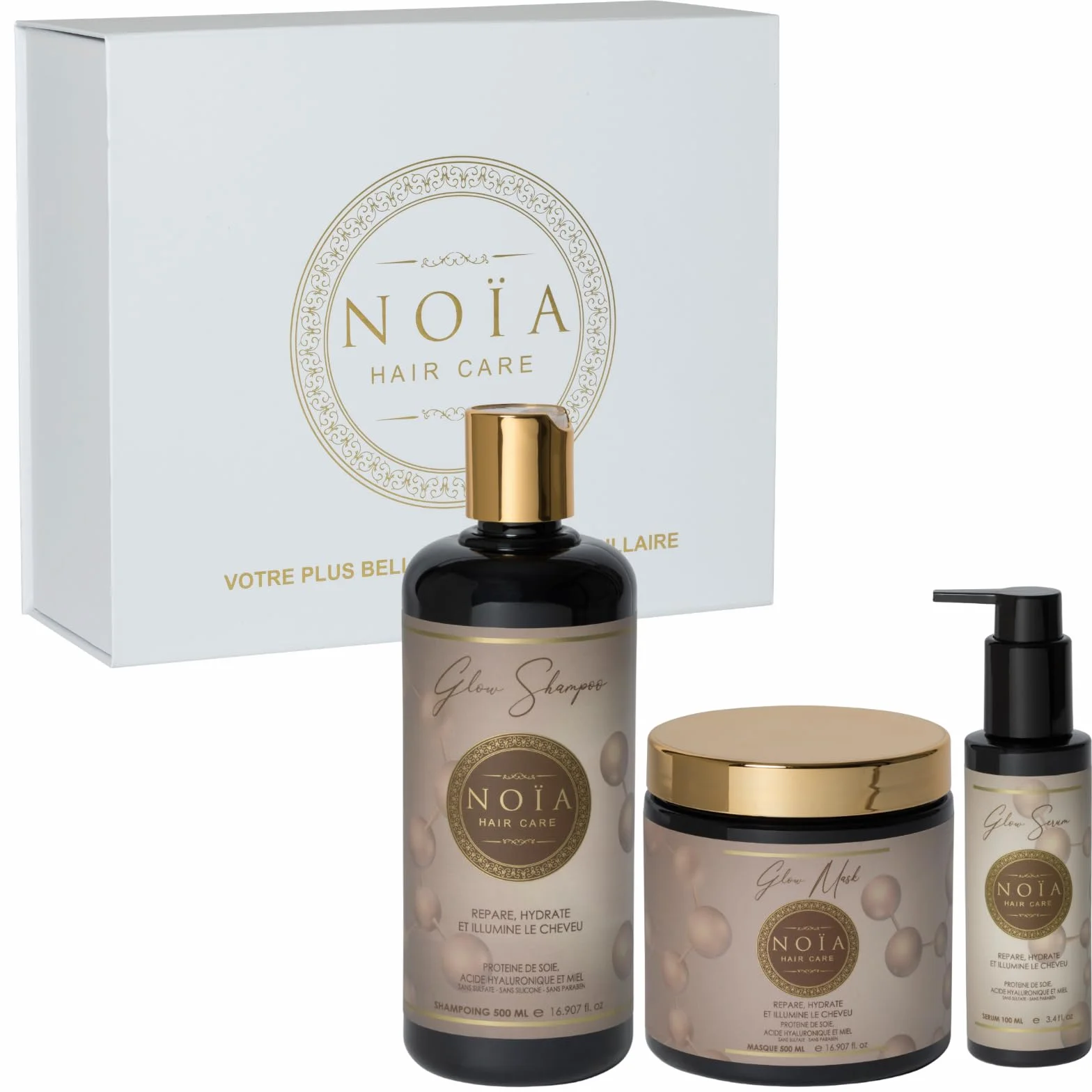 NOÏA HAIR – Trio Capillaire Professionnel GLOW – Shampoing 500ml +Masque 500ml + Sérum 100ml – Hydratation & Brillance – Acide Hyaluronique – Cheveux Secs, Ternes ou Déshydratés