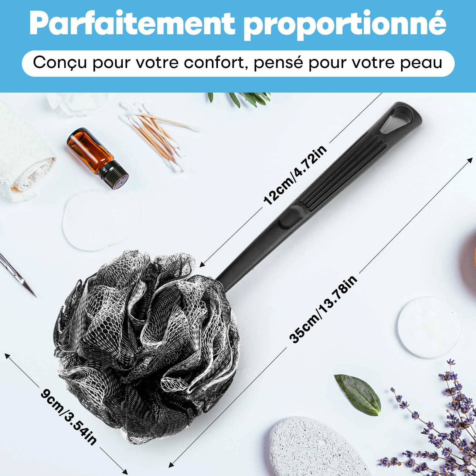 Brosse de douche Loofah avec manche charbon 2 pièces pour exfoliation dos
