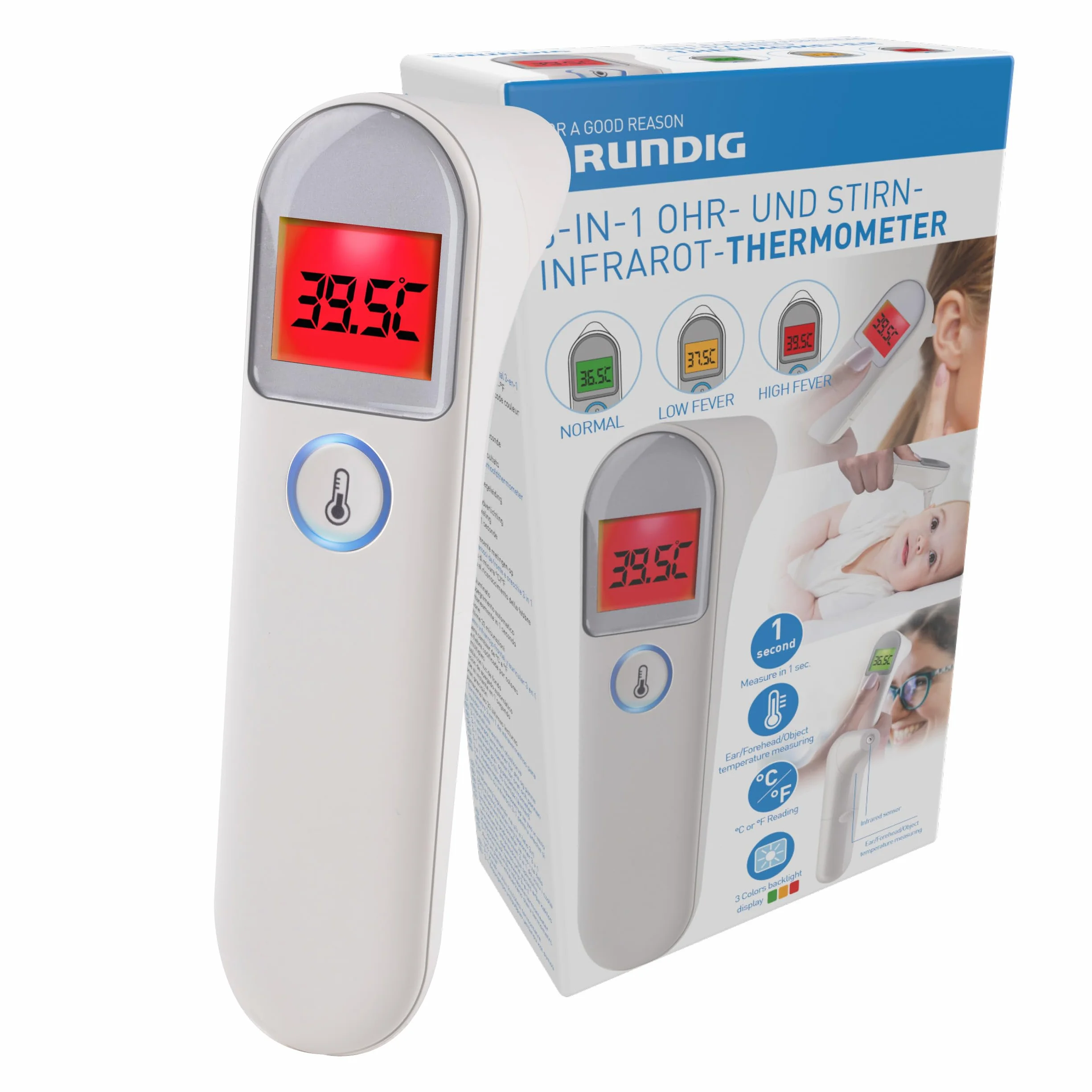 Grundig Thermomètre Infrarouge - Thermomètre Fièvre Digital - Laser Sans Contact - Pour Humains, Animaux et Objets - Pyromètre avec Codage Couleur