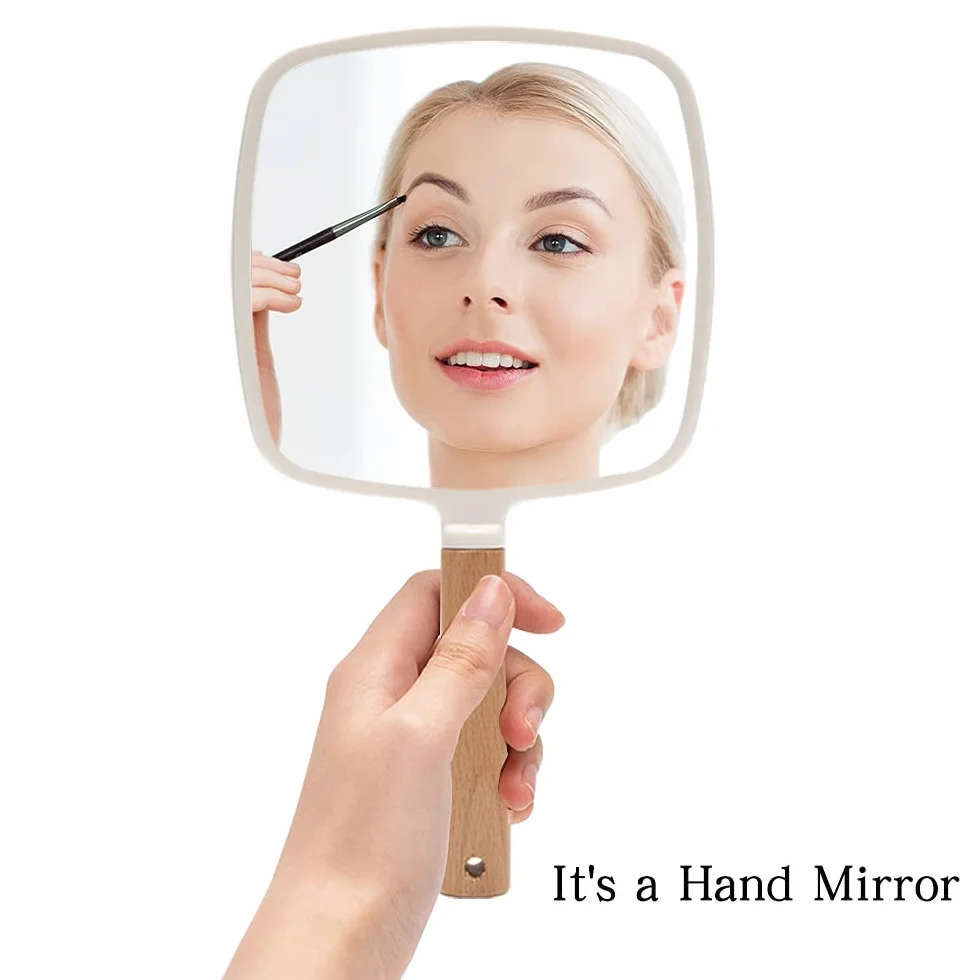 YEAKE Miroir à main en bois avec poignée pour maquillage rasage, miroir de courtoisie portable unilatéral carré