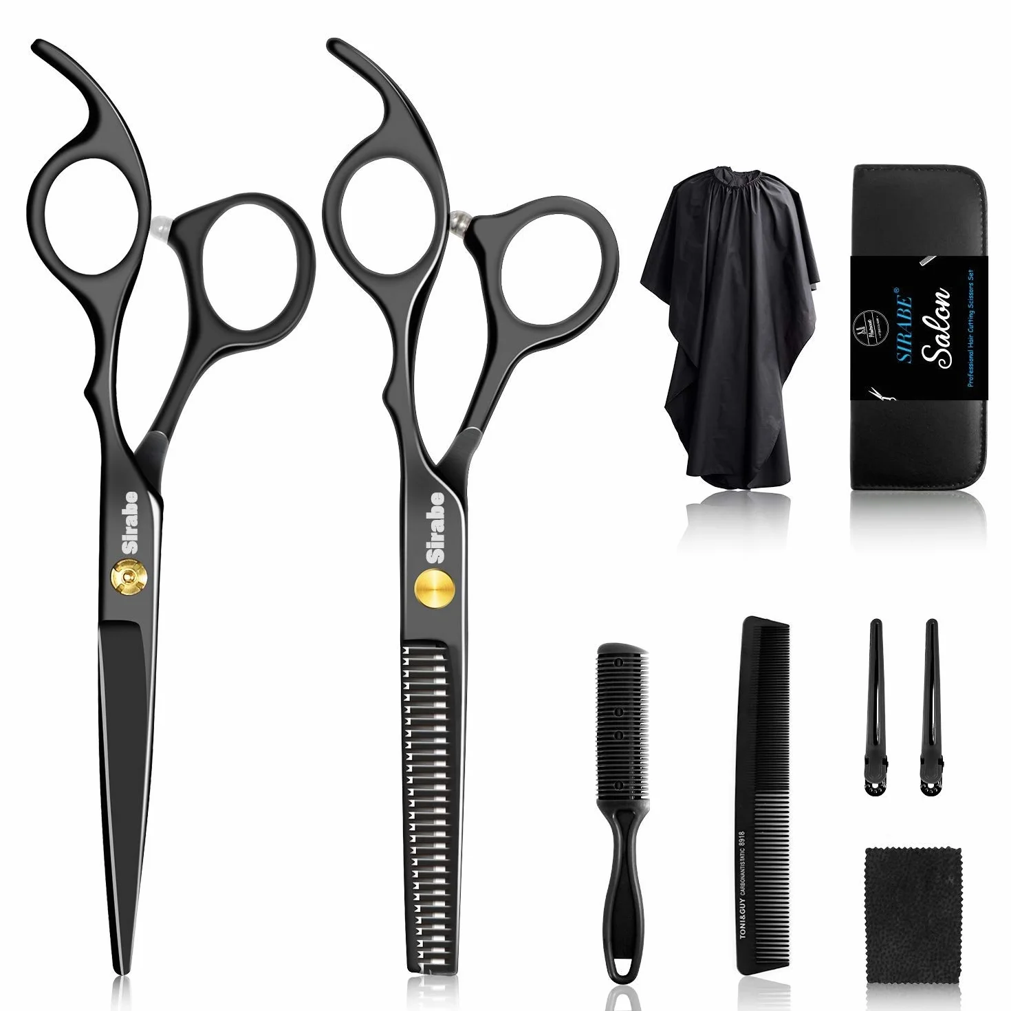 Lot de 9 ciseaux de coupe de cheveux professionnels avec ciseaux de coupe, ciseaux d'amincissement, peigne, cape, clips, ciseaux de coiffure noirs pour coiffure, salon de coiffure, maison