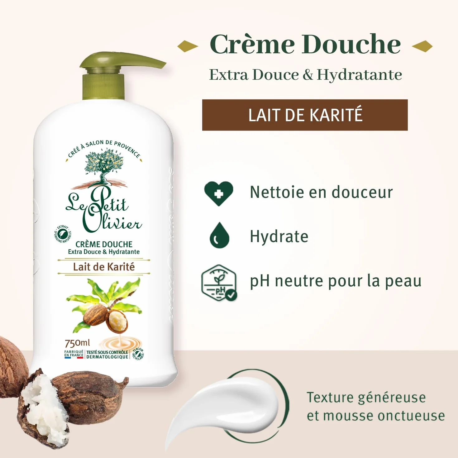 LE PETIT OLIVIER Crème Douche Extra Douce Hydratante Lait de Karité 750 ml PH Neutre Sans Savon