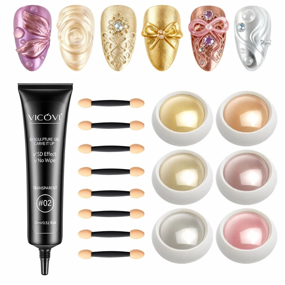 LOPHE Gel à Ongles 3D Multifonction avec 6 Poudres Chromées et 15 ML Gel Sculptant pour Nail Art