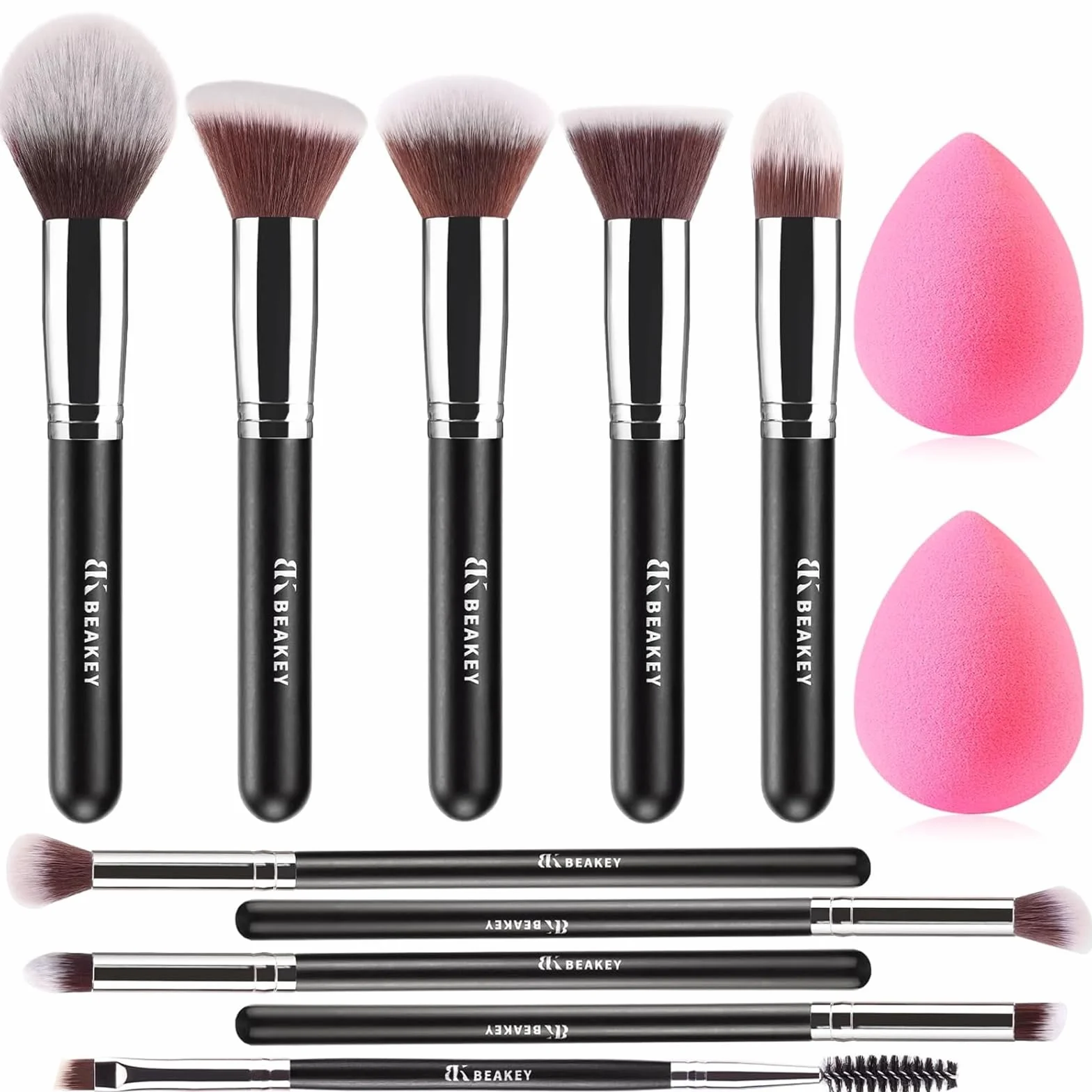 BEAKEY Pinceaux Maquillages Professionnel, 10+2 Pcs Maquillage Pinceau Set Fond de Teint Blush L'anti-cernes Fard à Paupières Poudre Libre, Noir/Argent