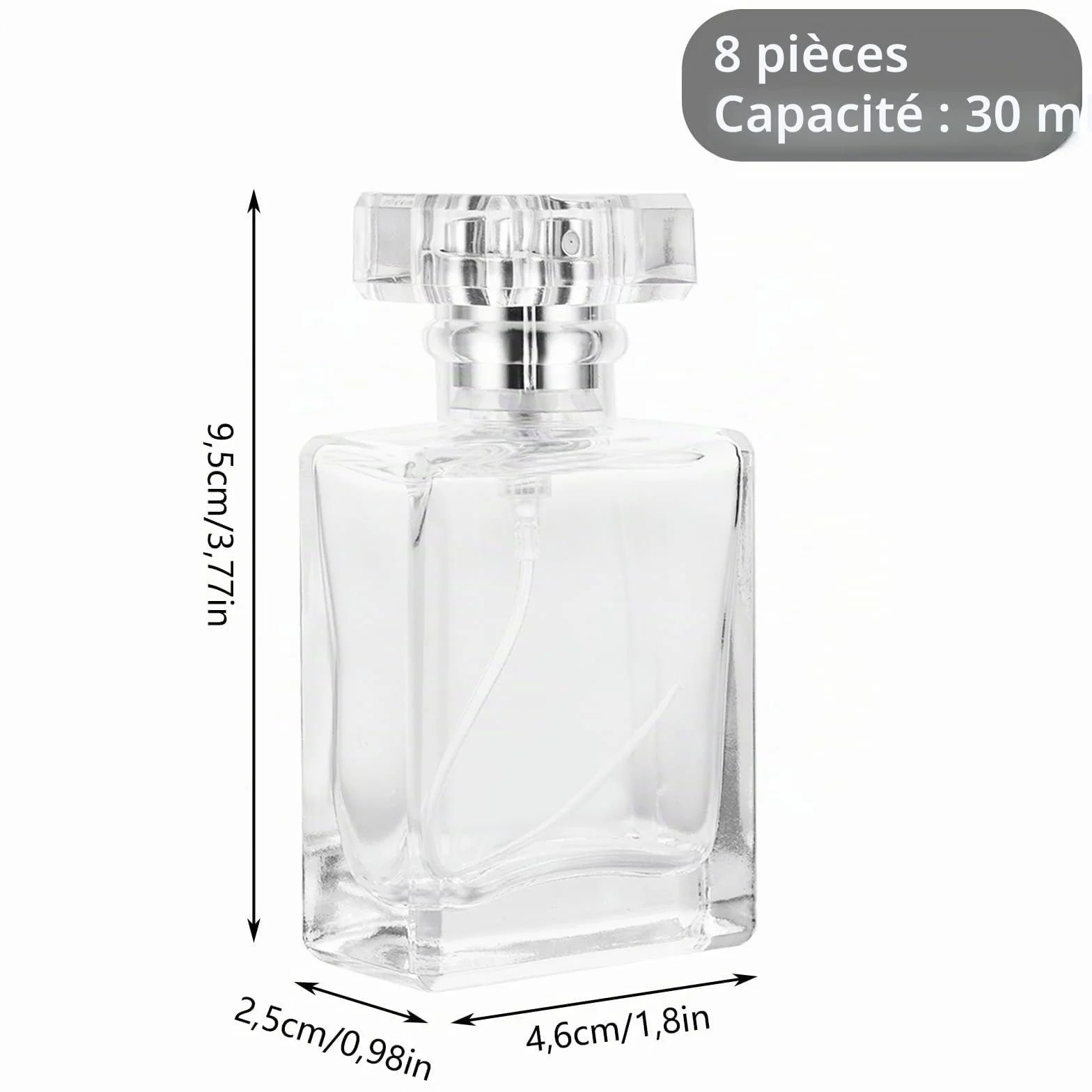 Lot de 8 Vaporisateur Parfum de 30 ml, Flacon Vaporisateur Verre pour les déplacements, flacons de parfum transparents rechargeables pour huile essentielle, argent